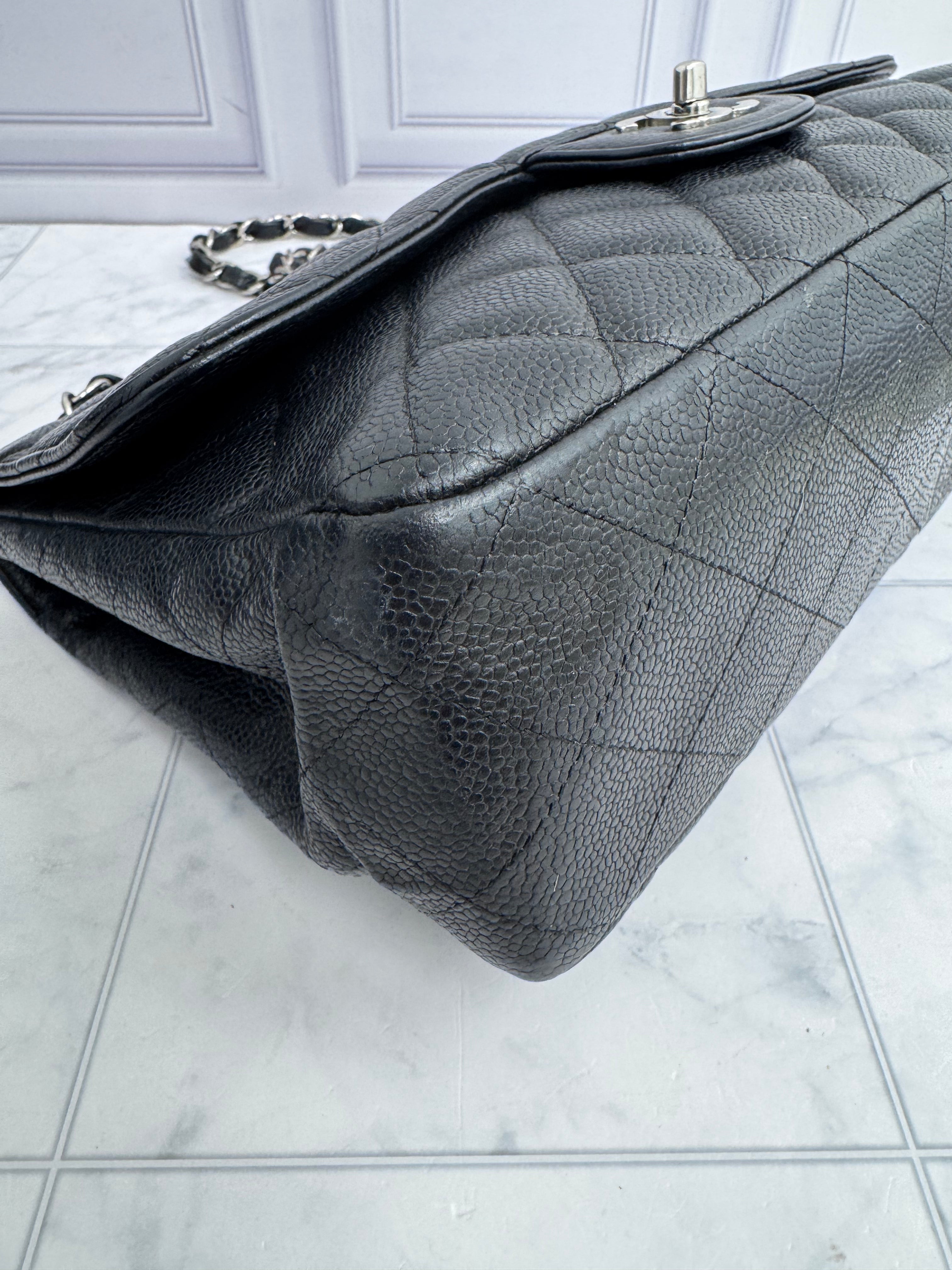 Chanel Black Quilted Caviar Leather Jumbo Classic Double Flap Bag