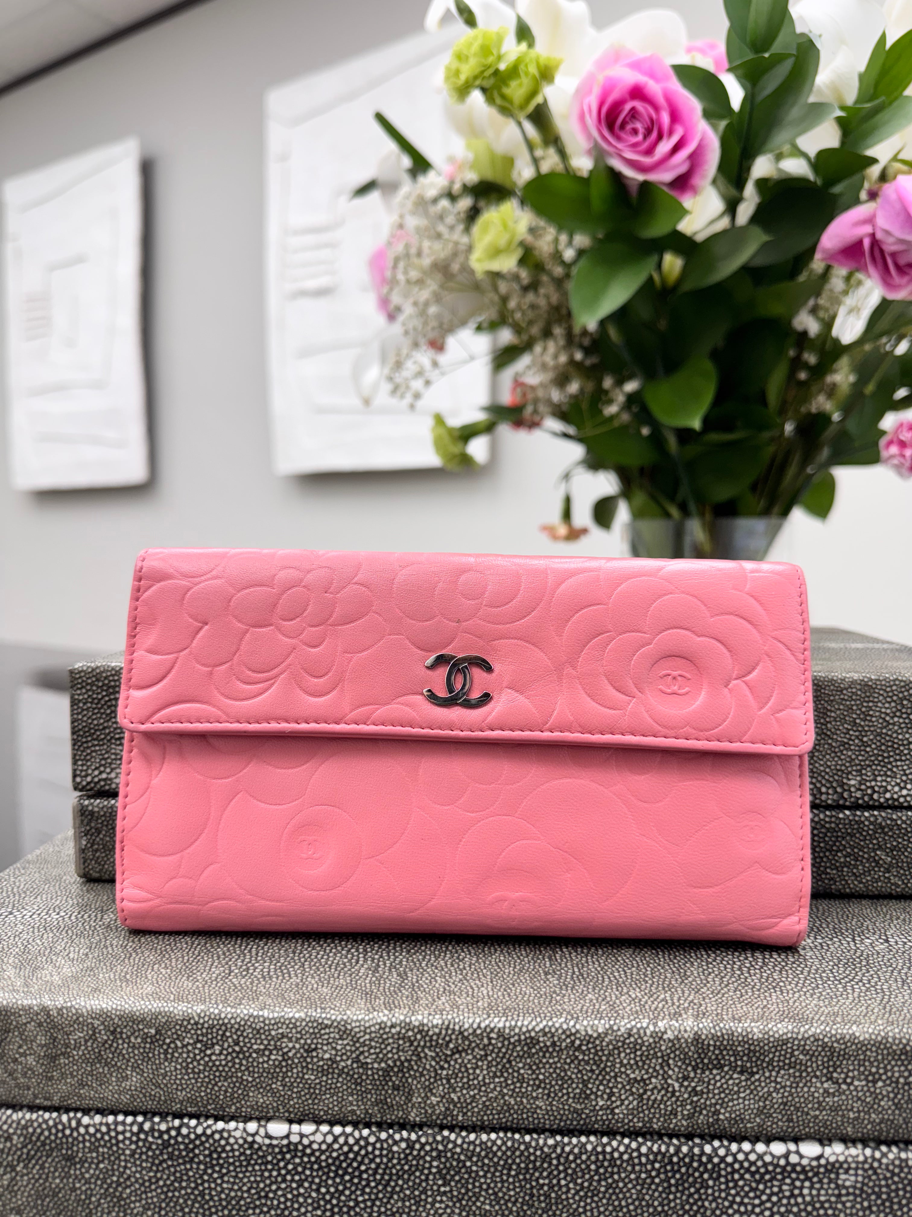 Chanel Pink Camellia Leather Long Wallet
