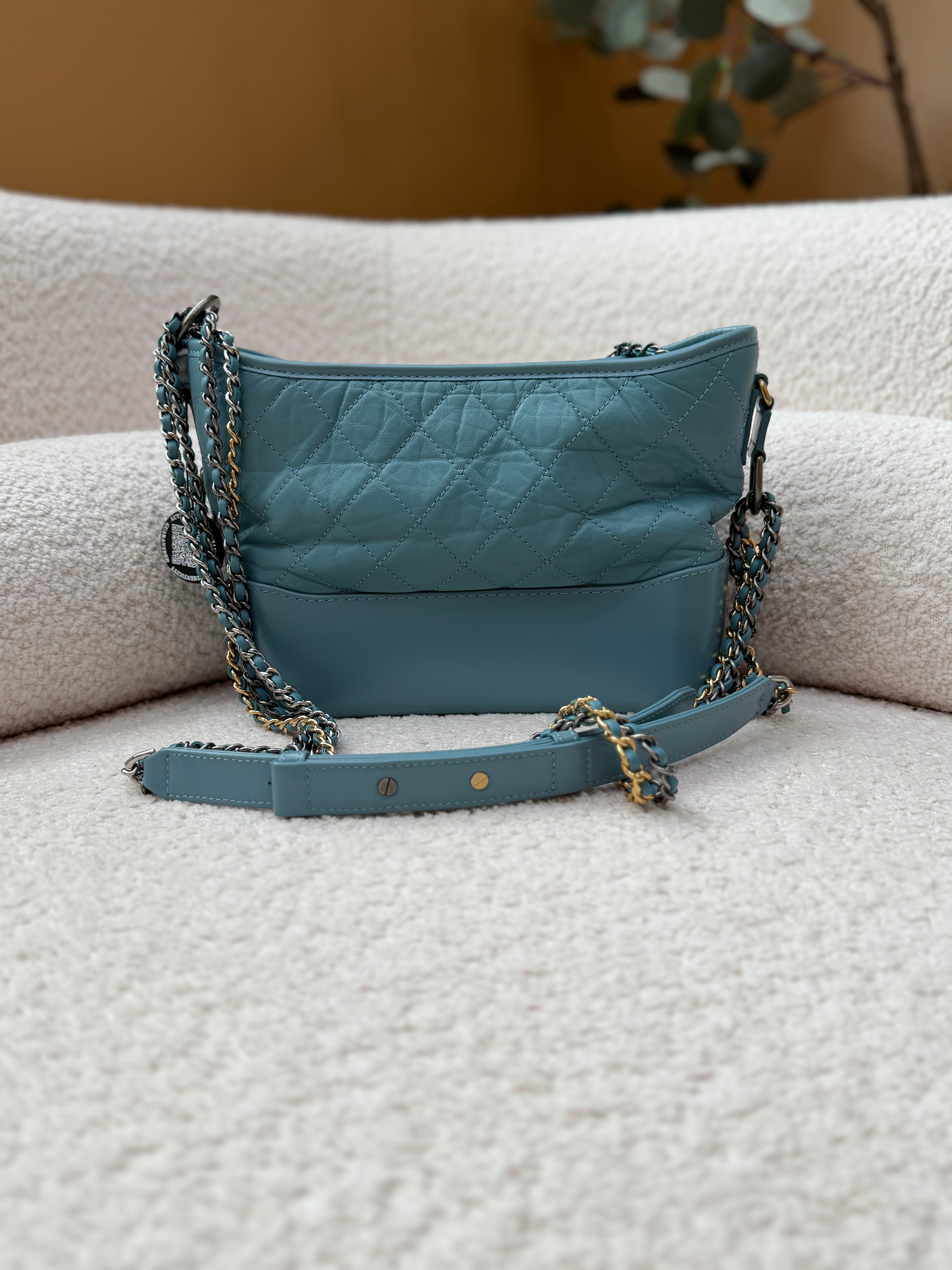 Chanel Dusty Blue Aged Quilted Calfskin Small Gabrielle Hobo Bag