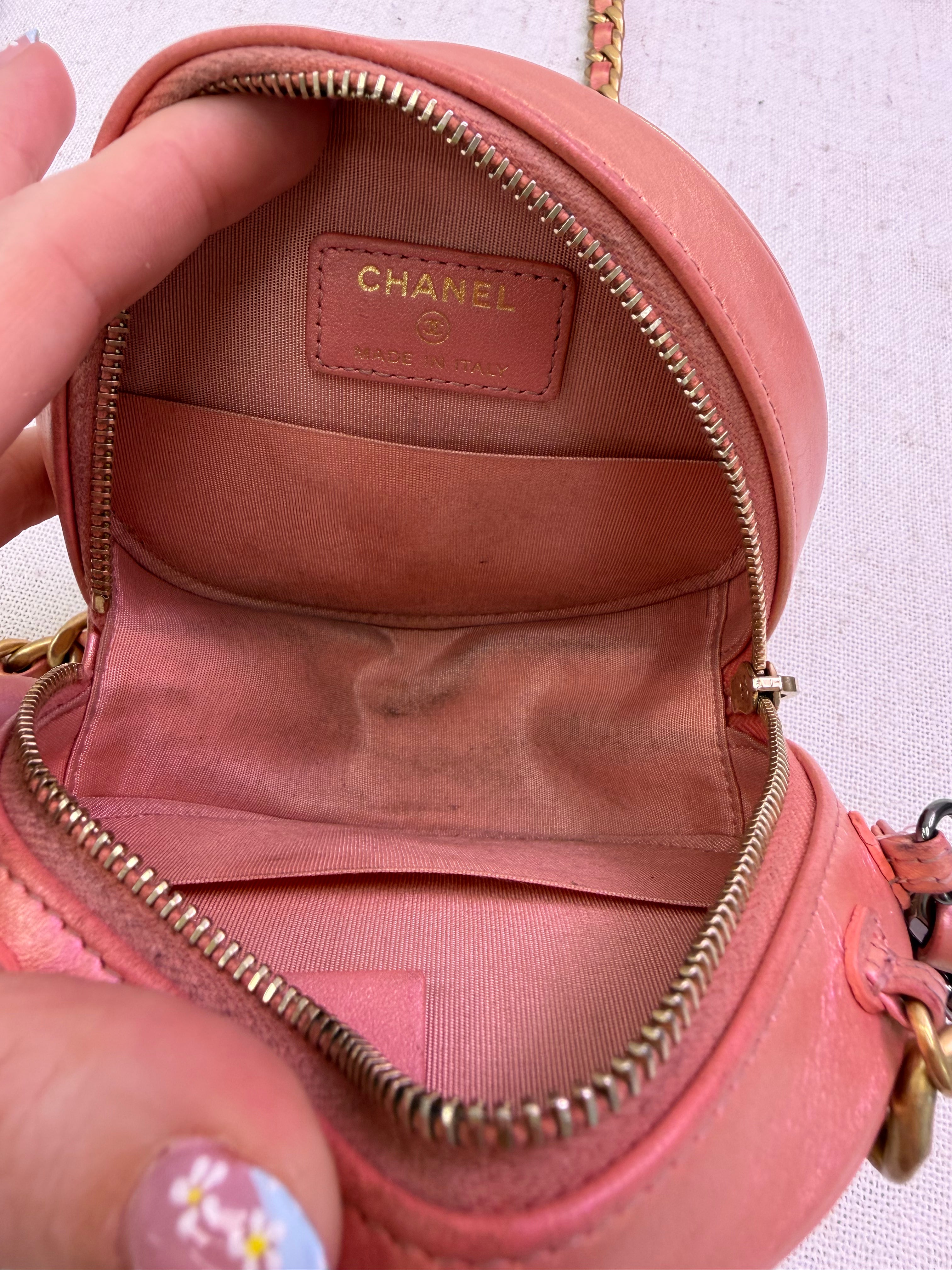 Chanel Pink Iridescent Chanel 19 Round Clutch on a Chain