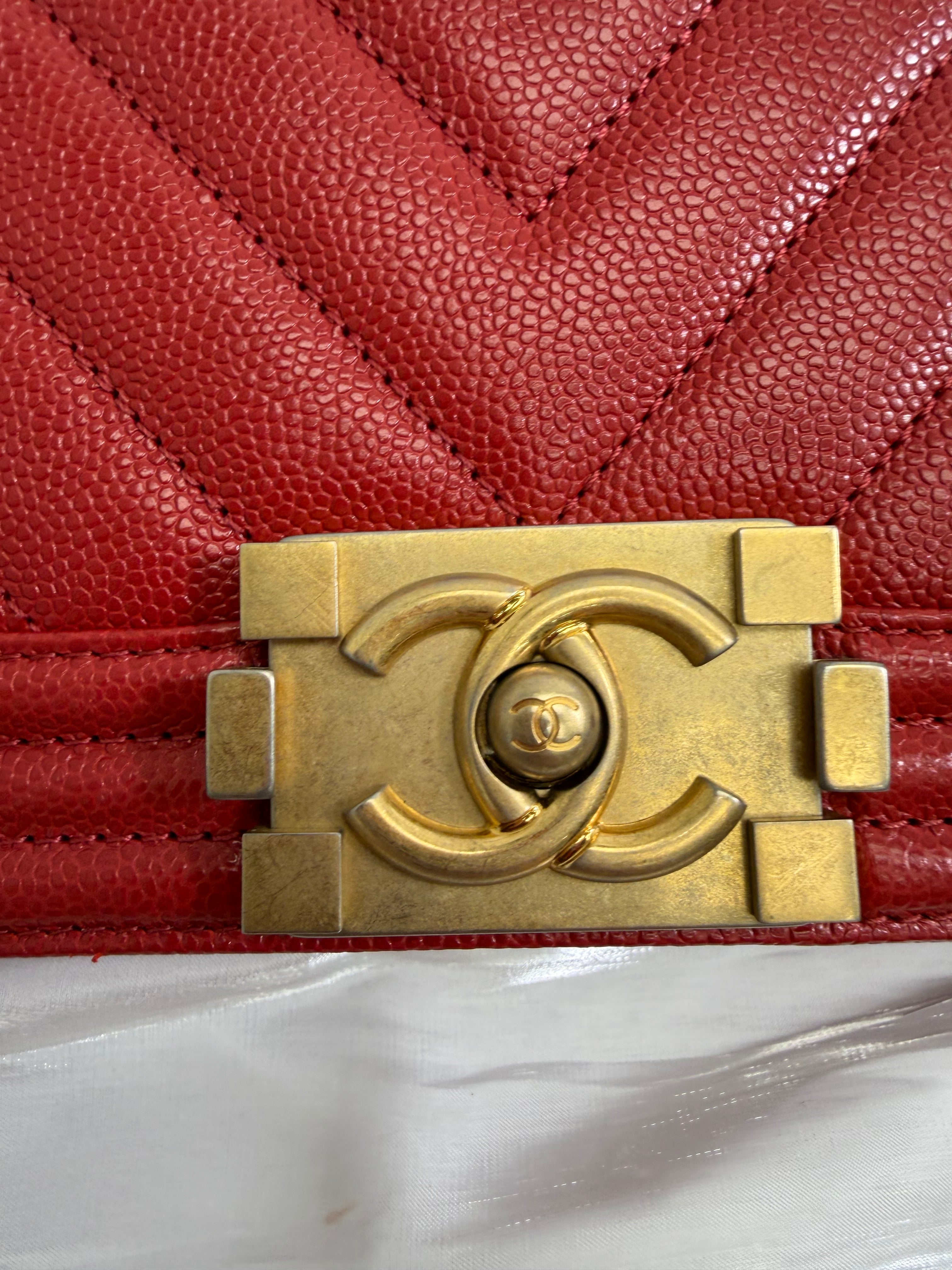 Chanel Red Chevron Quilted Caviar Medium Boy Bag