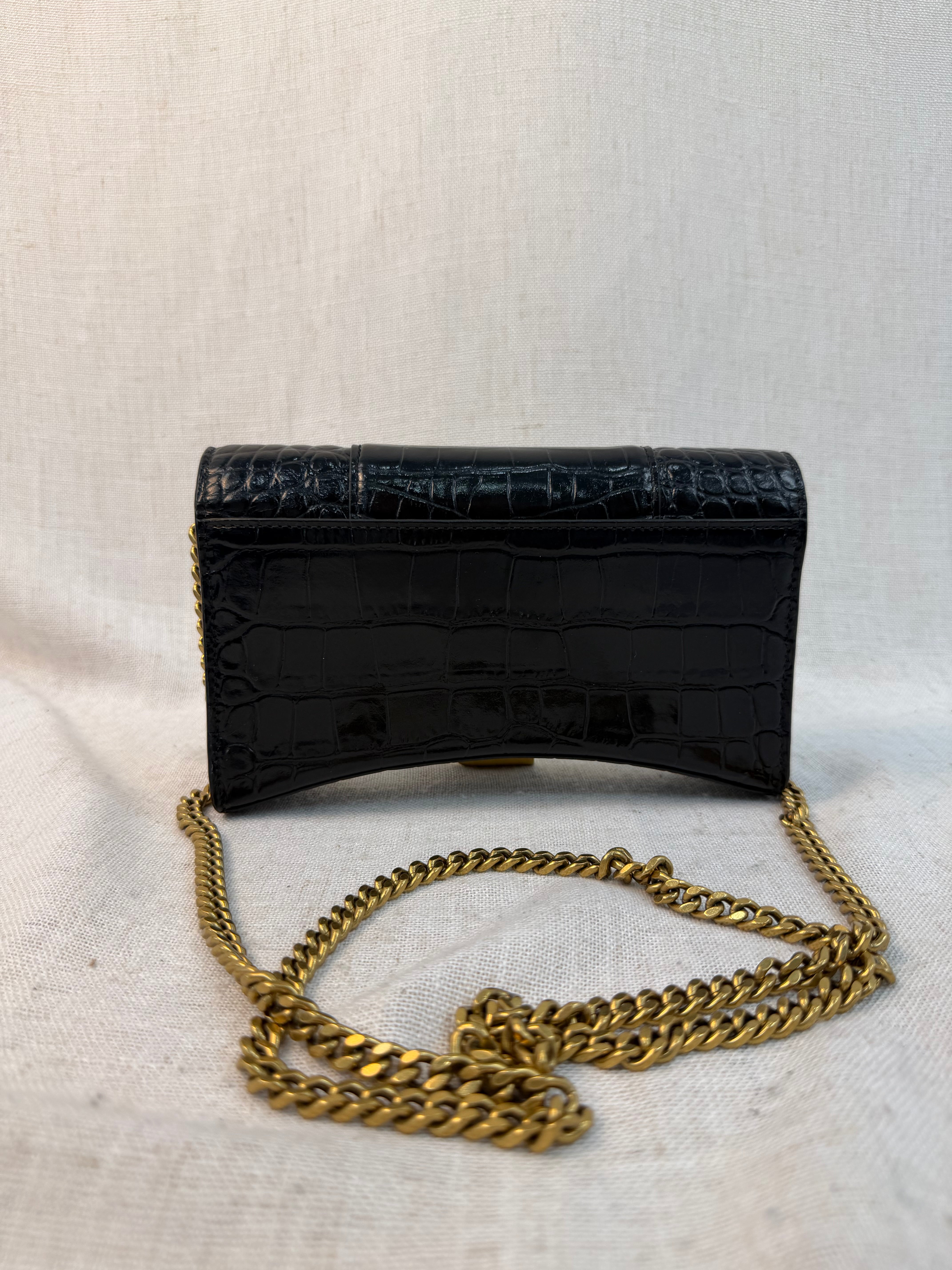 Balenciaga Black Croc Embossed Hourglass Wallet on Chain