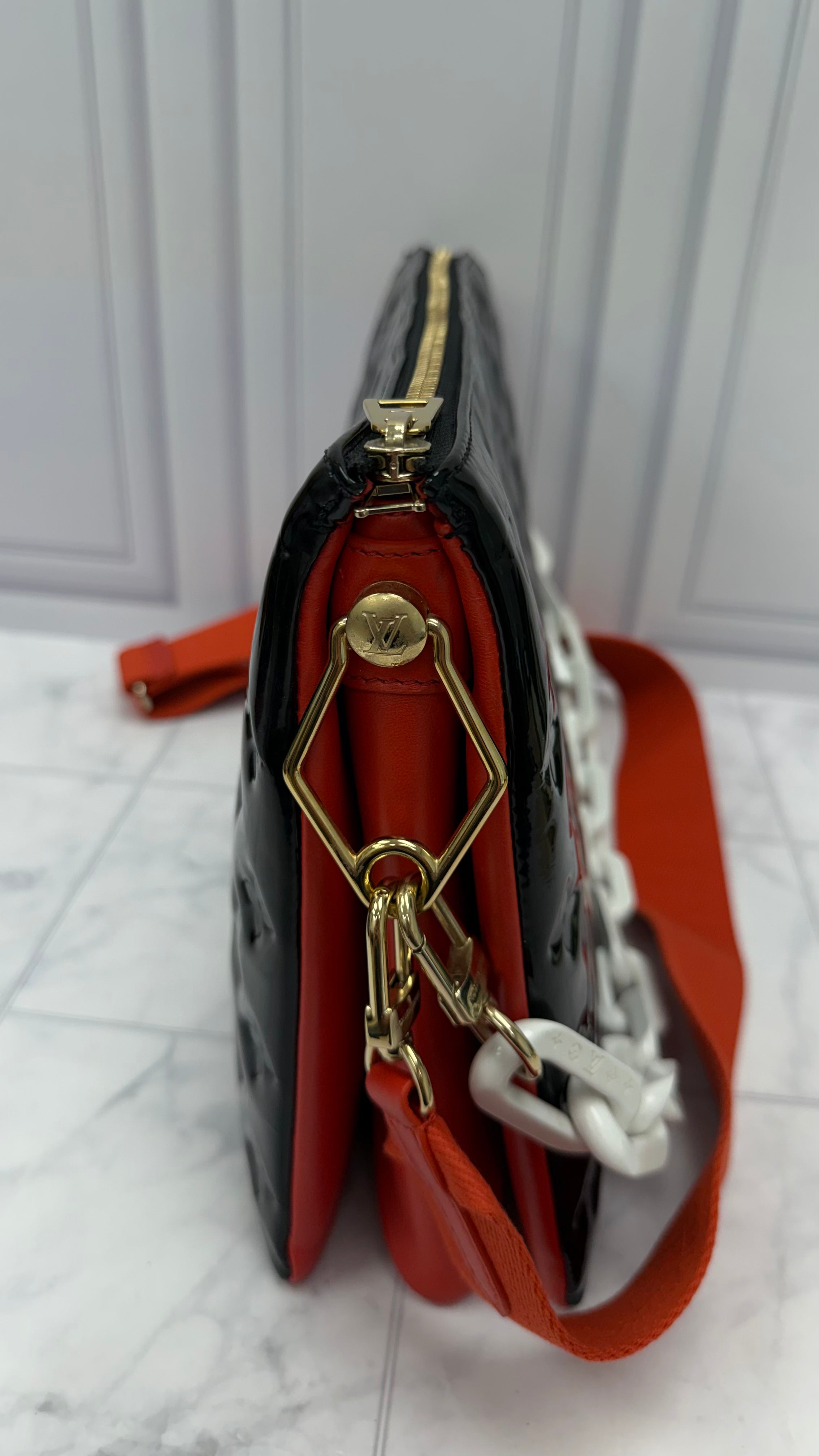 Louis Vuitton Black Patent Leather & Red Lambskin Coussin MM