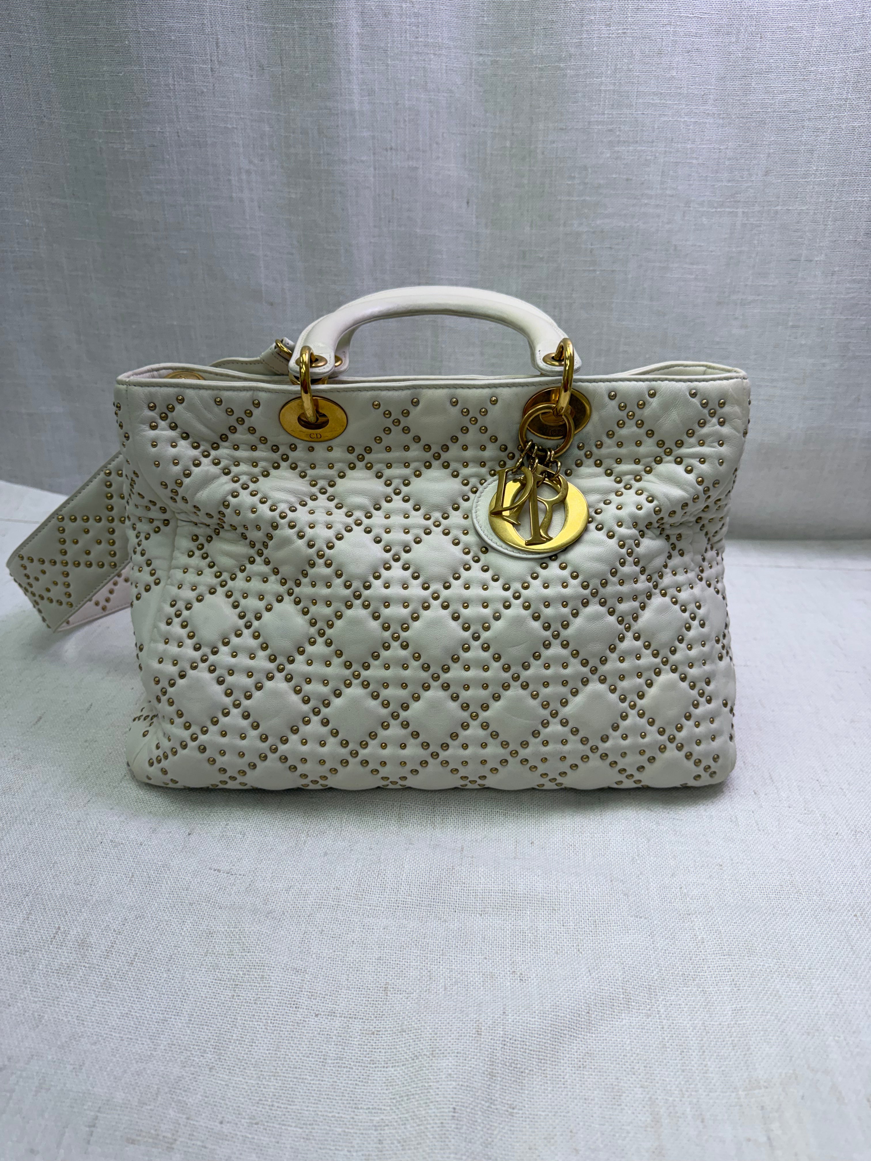 Christian Dior Vintage Ivory Leather Cannage Studded Large Lady Dior