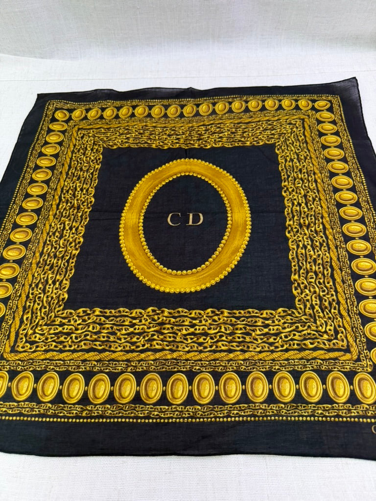 Christian Dior Vintage Black & Gold Cotton Chained Logo Square Scarf