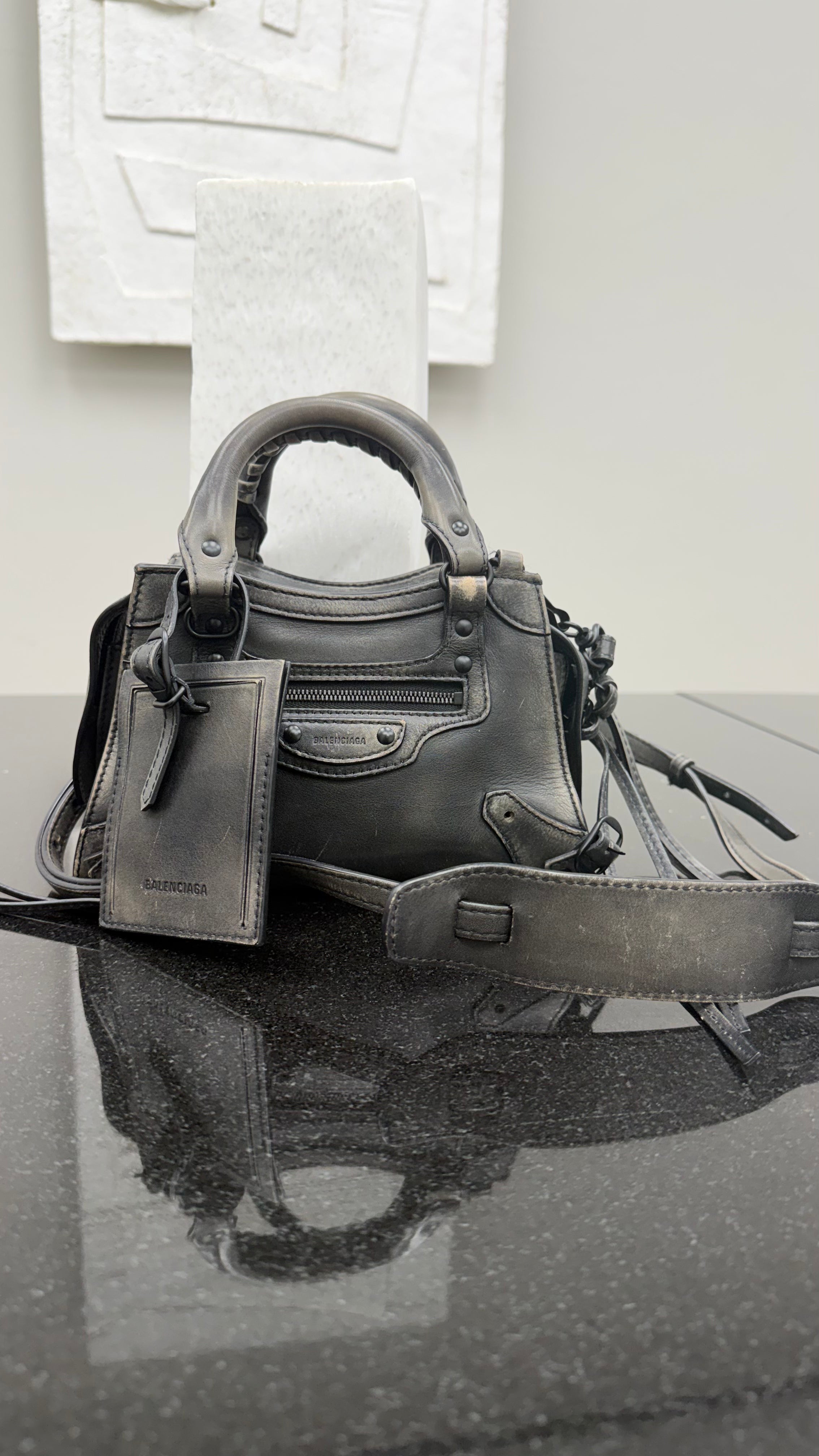 Balenciaga Black Distressed Leather Neo Classic City Bag