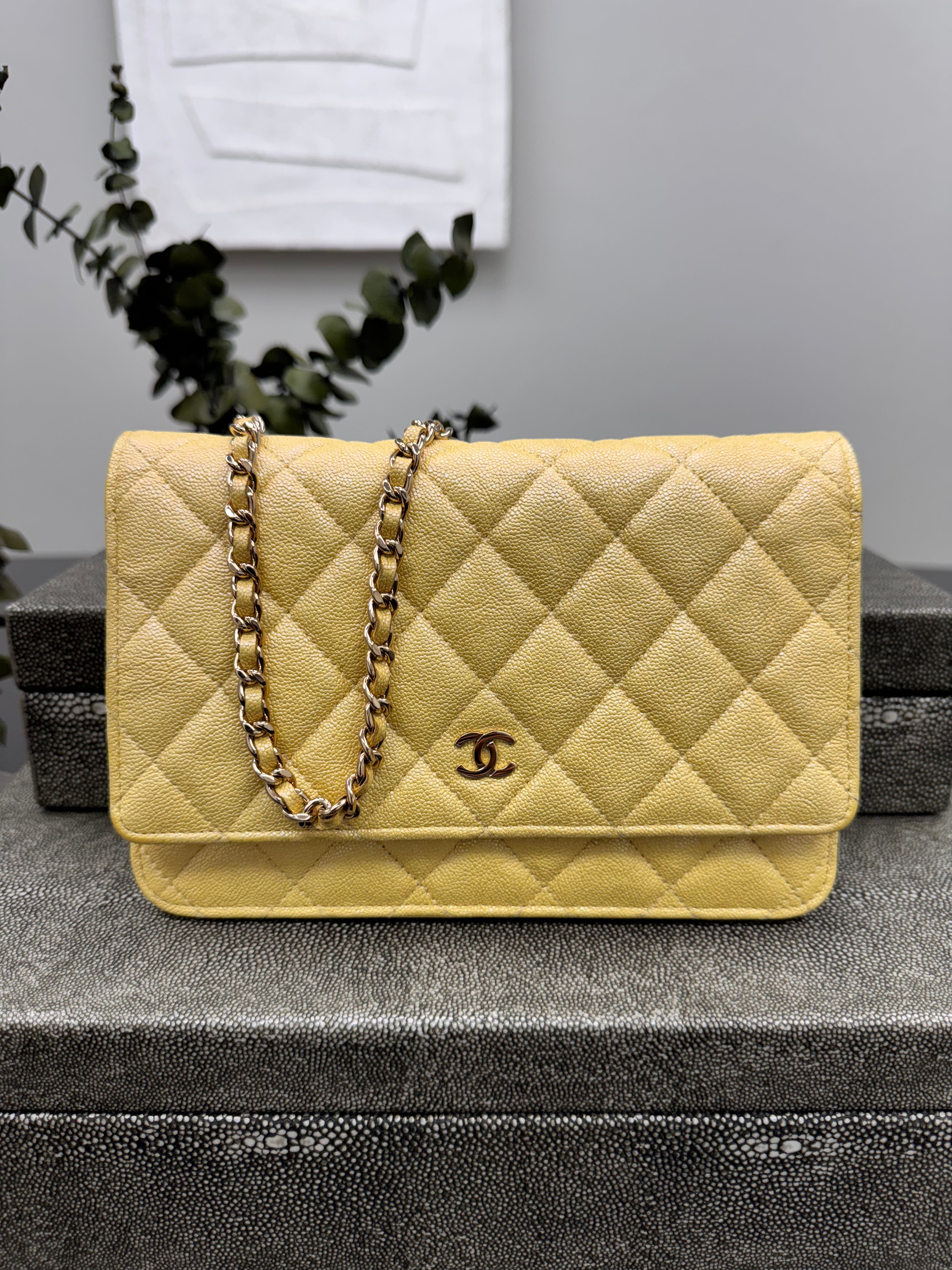 Chanel Iridescent Yellow Quilted Caviar Leather Wallet On A Chain