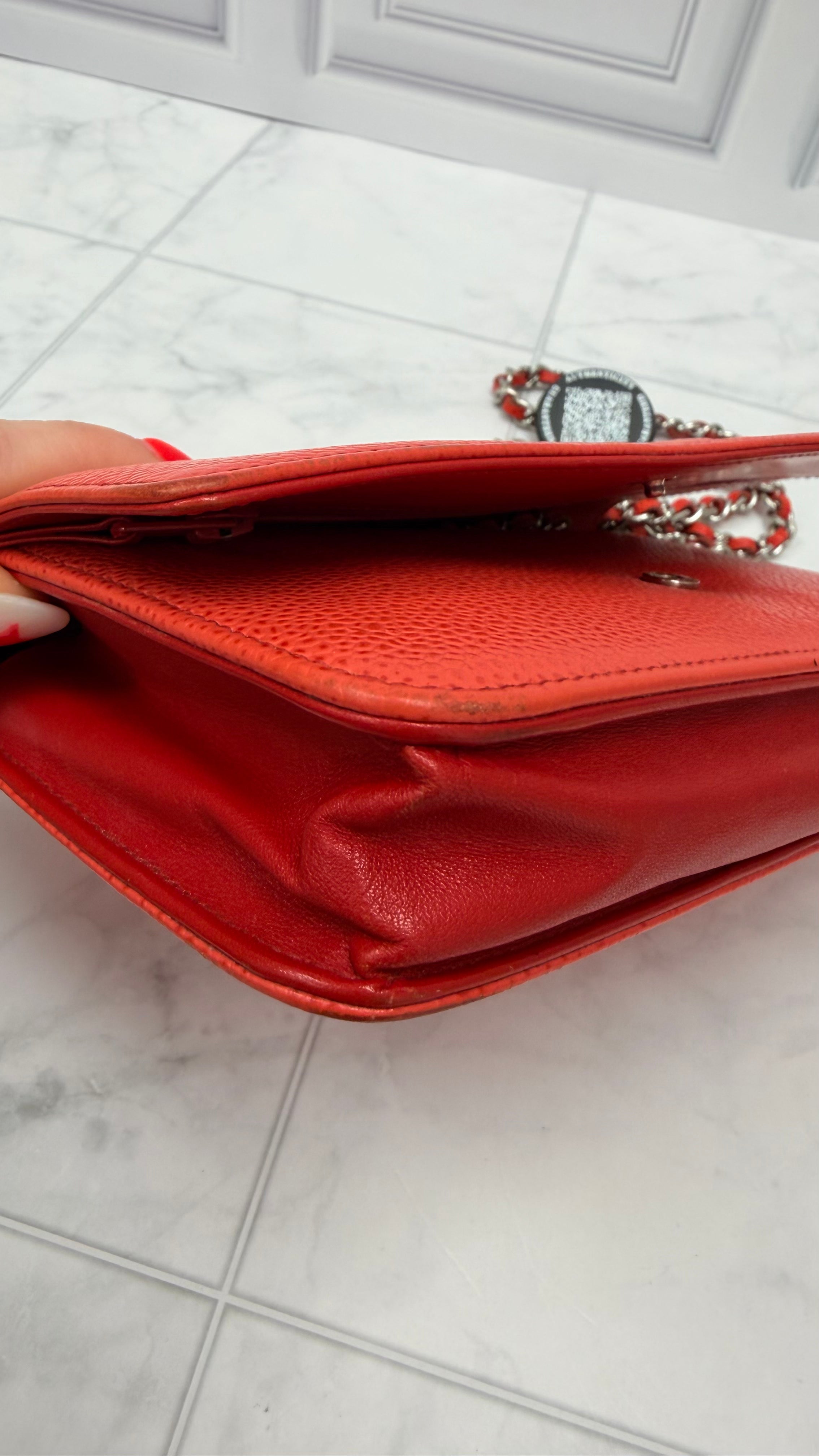 *DONS DROP* Chanel Orange & Red Caviar Leather Timeless Wallet on a Chain