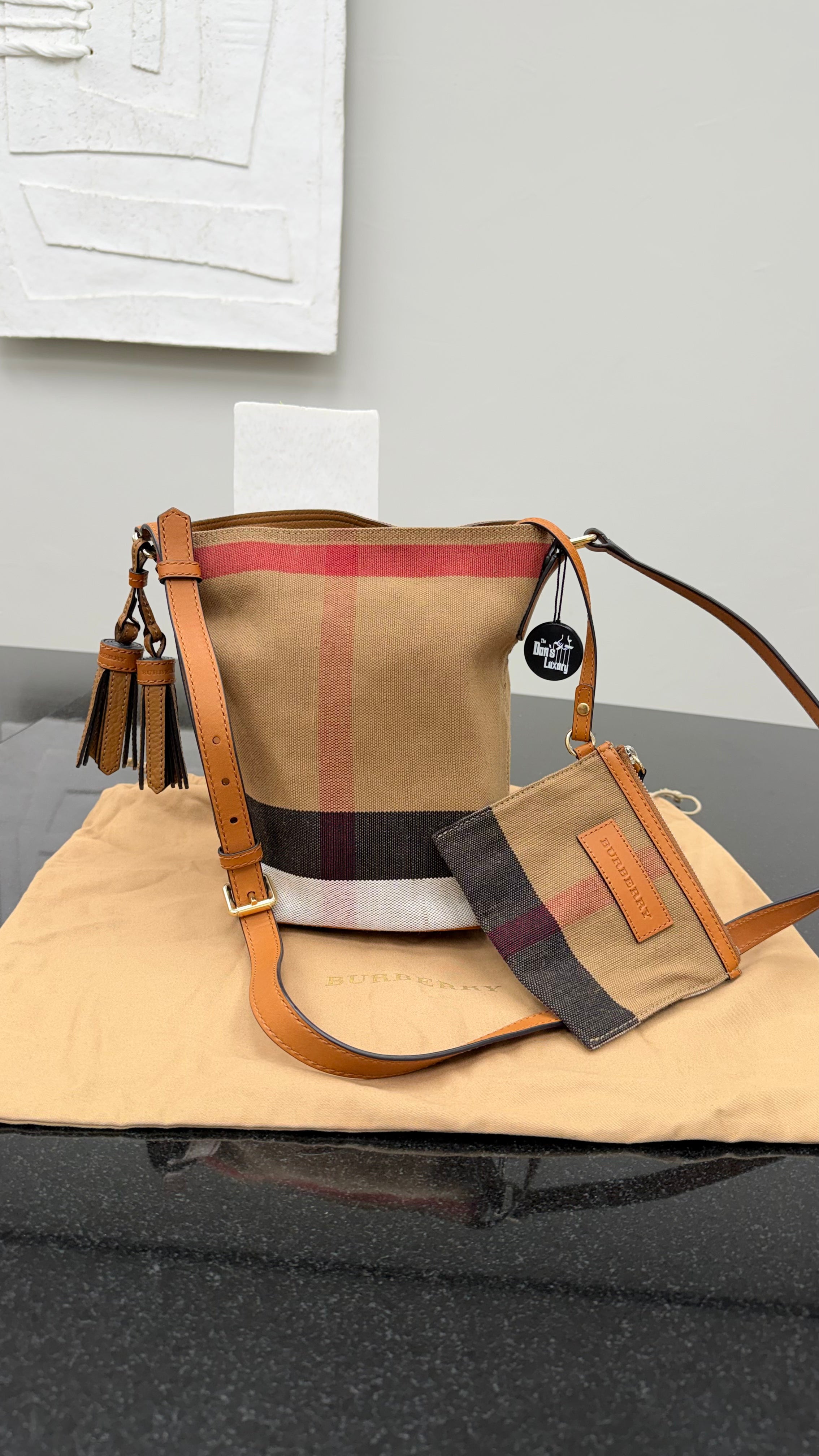 Burberry Beige Mega Check Canvas Bucket Bag & Pouch