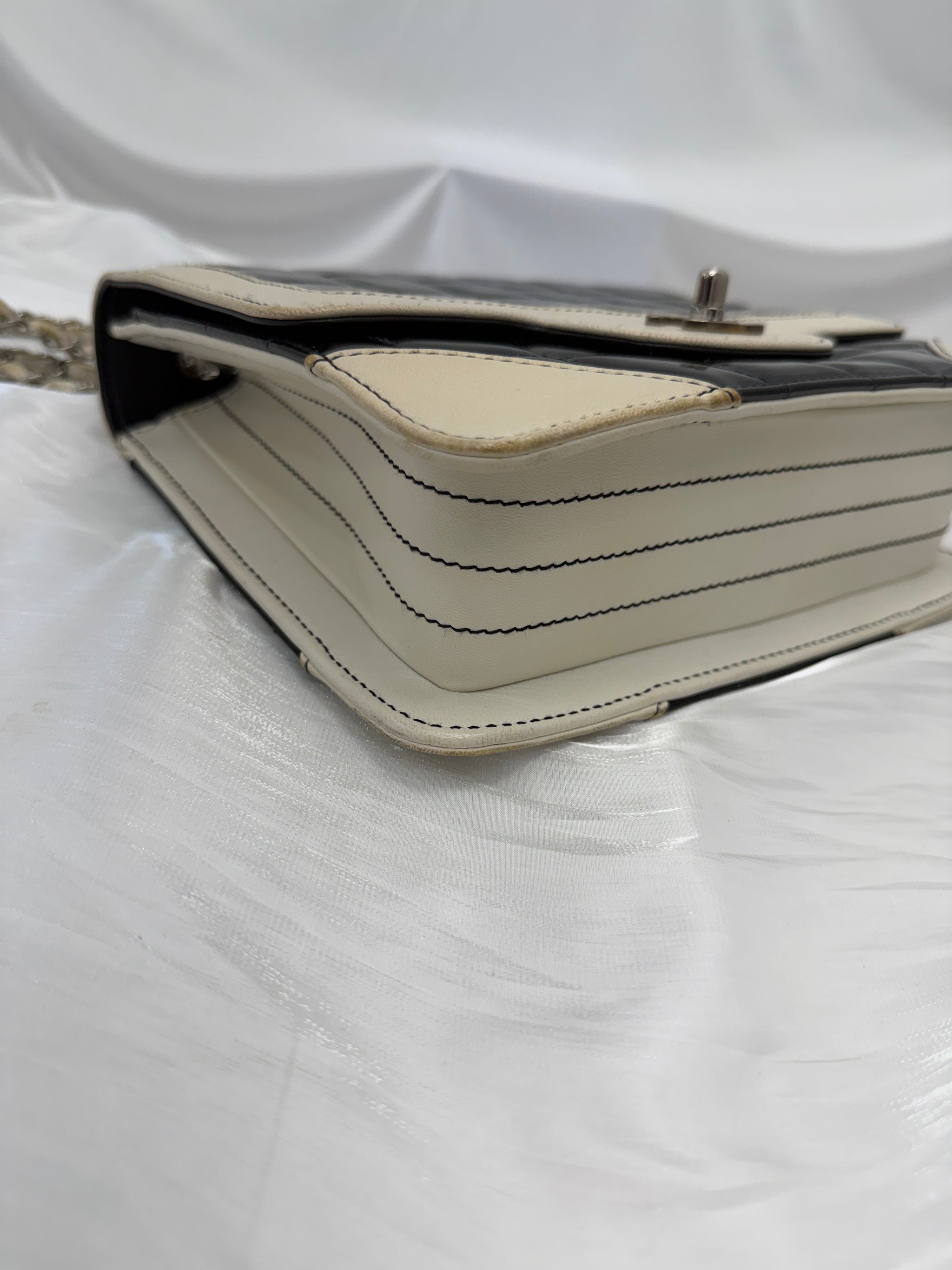 Chanel White & Black Patent Leather Chocolate Bar Square Bag