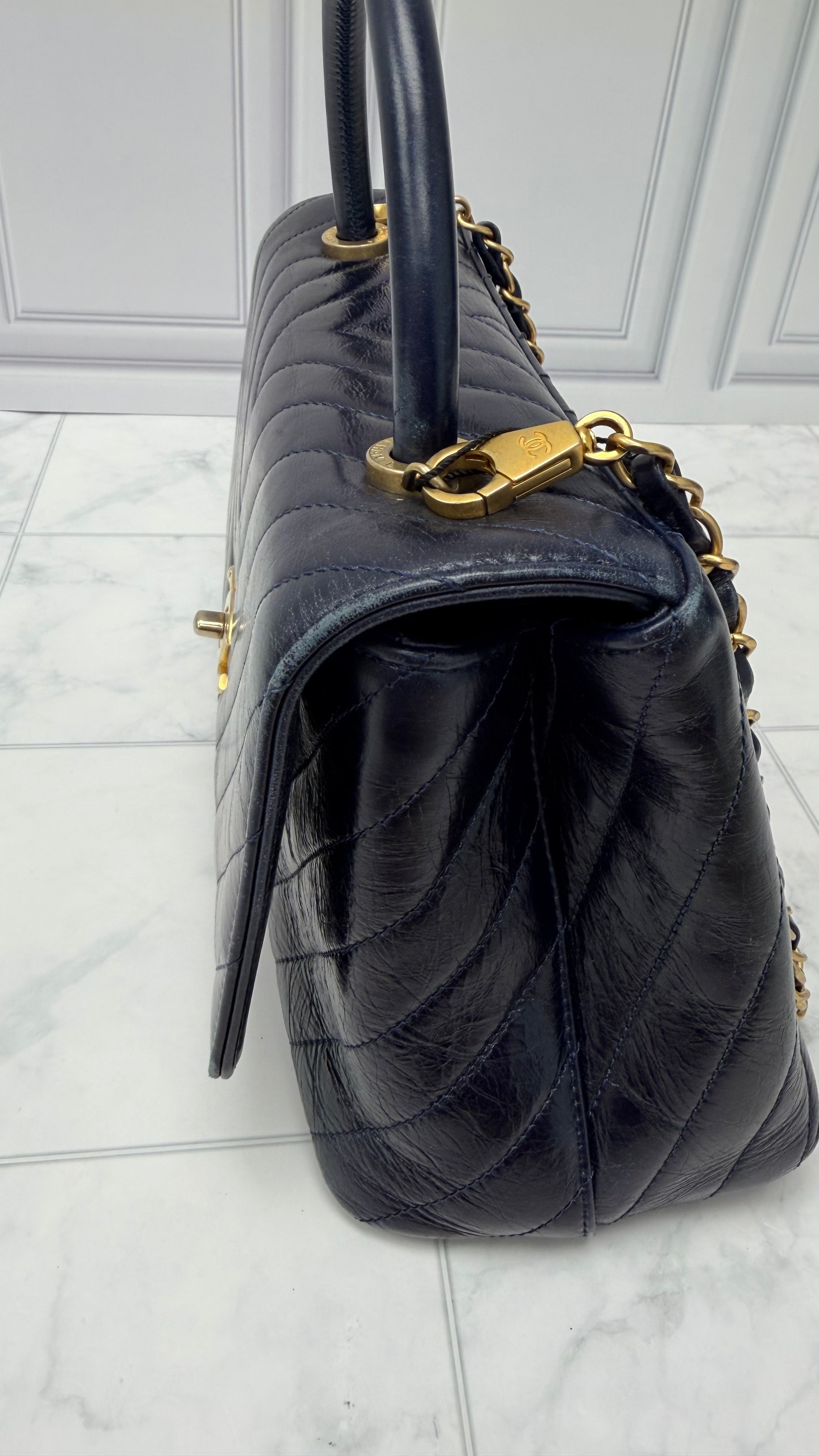 *DONS DROP* Chanel Blue Chevron Quilted Leather Coco Top Handle Bag