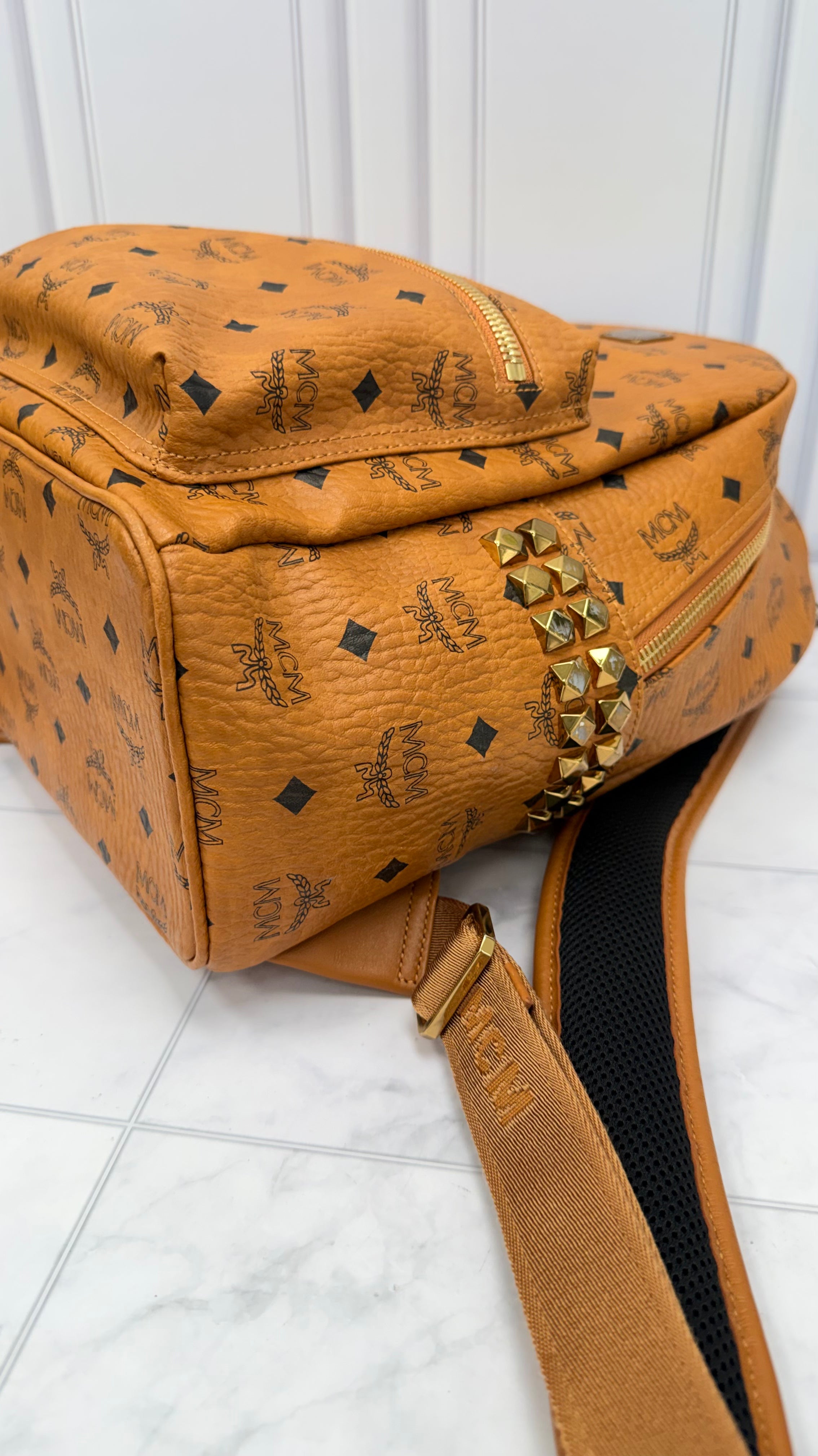 MCM Cognac Visetos Leather Side Studded Large Backpack