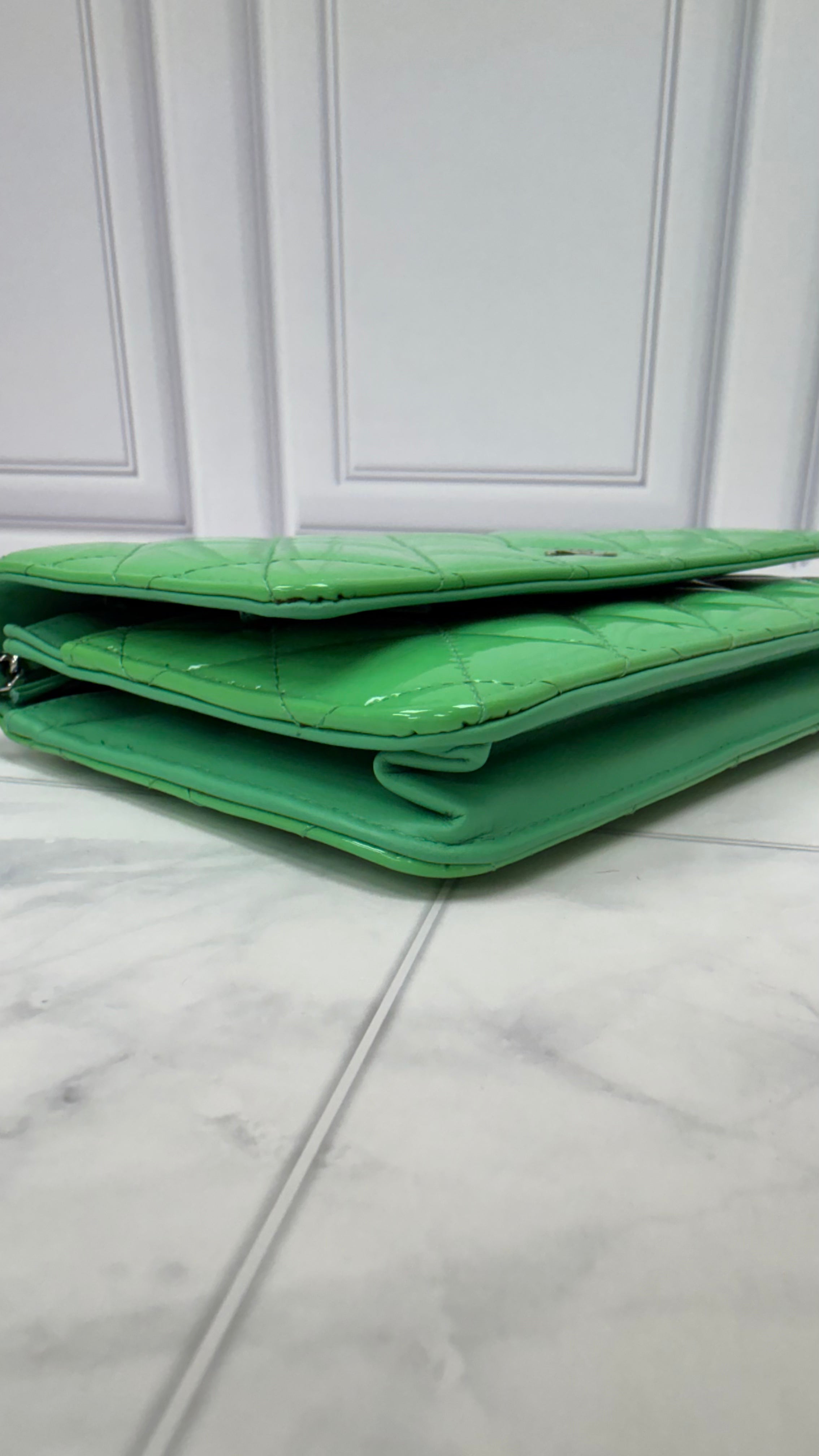 Chanel Seafoam Green Quilted Patent Leather Wallet on a Chain