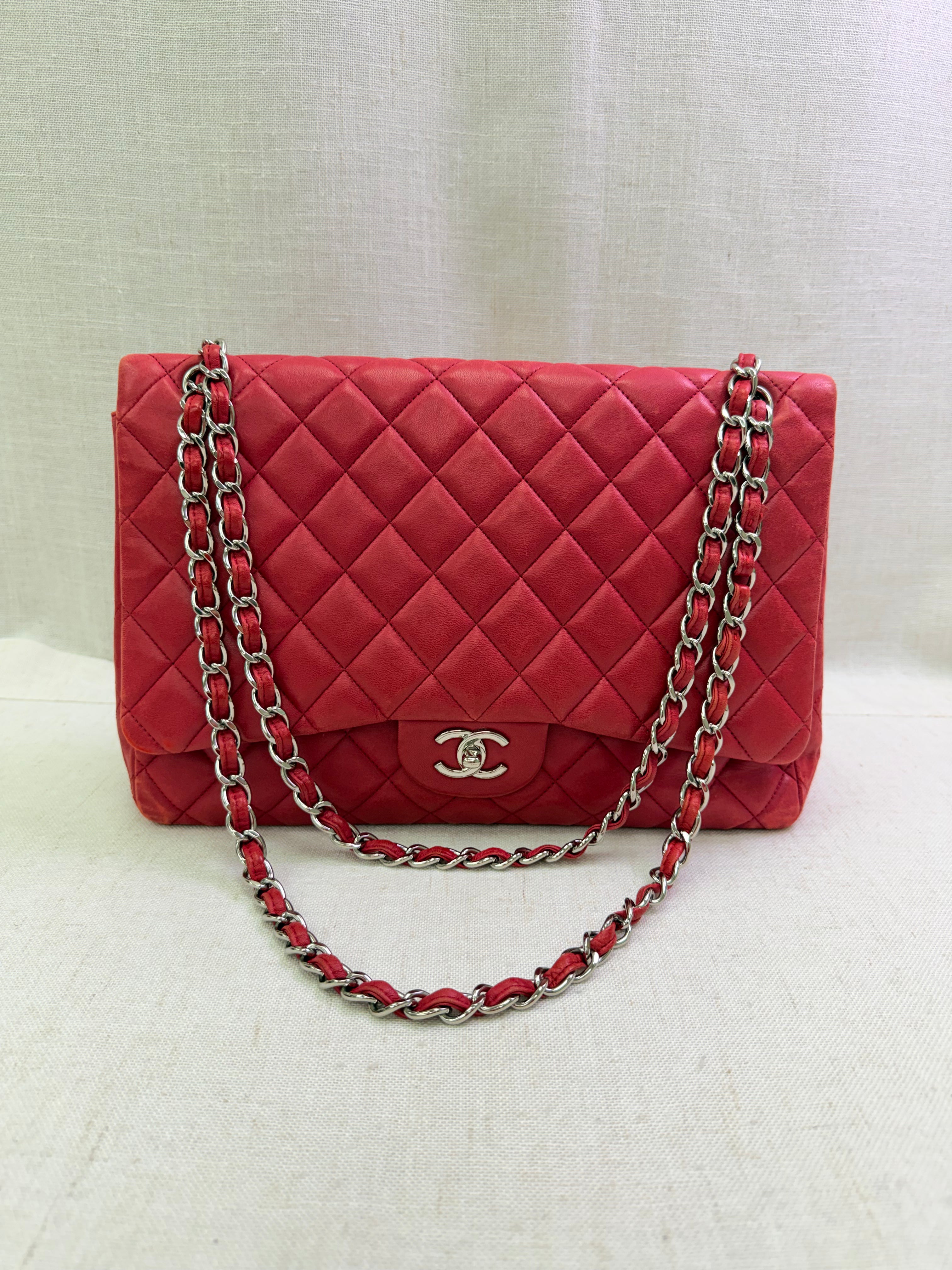 Chanel Red Quilted Lambskin Classic Maxi Single Flap
