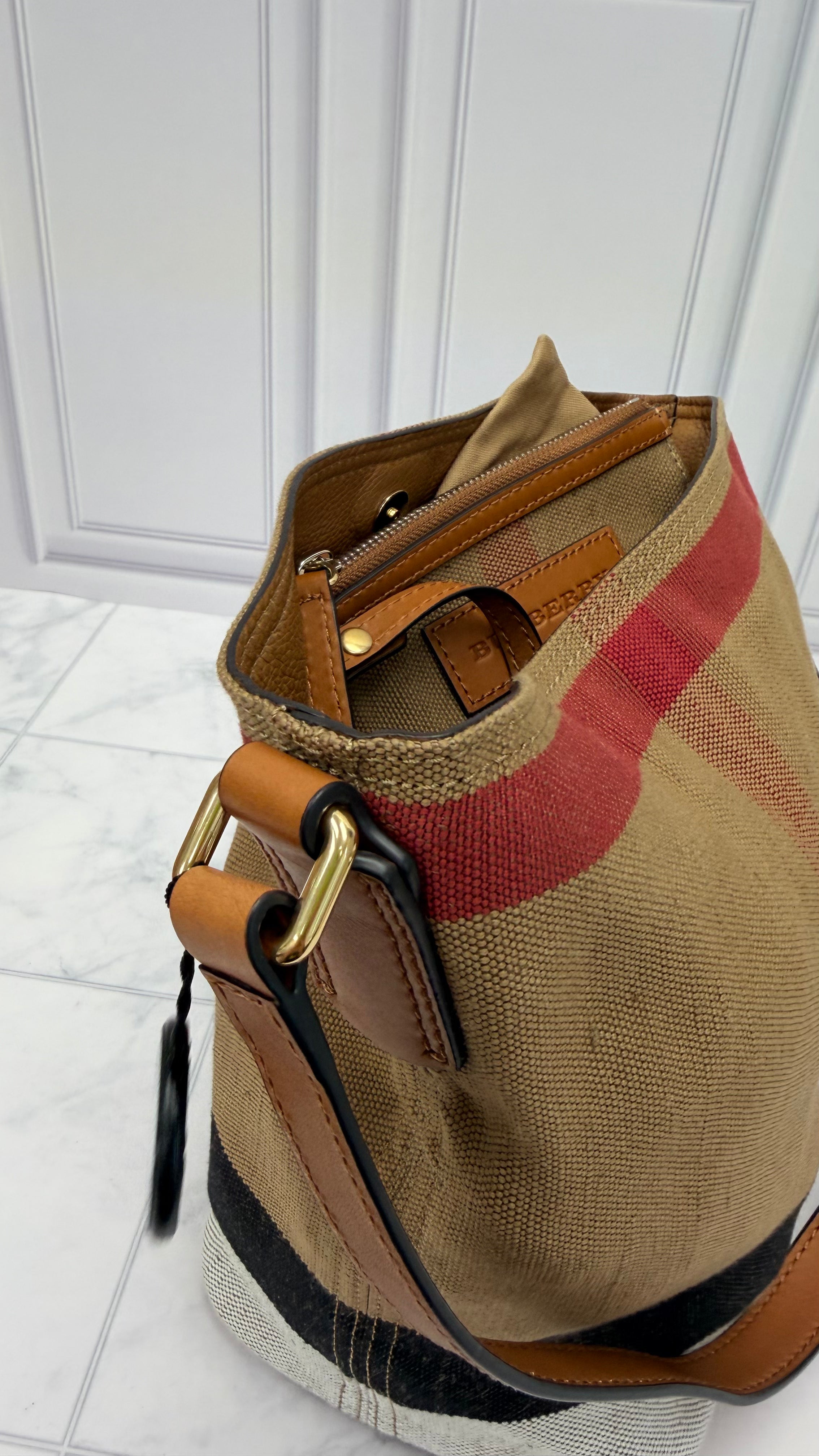 Burberry Beige Mega Check Canvas Bucket Bag & Pouch