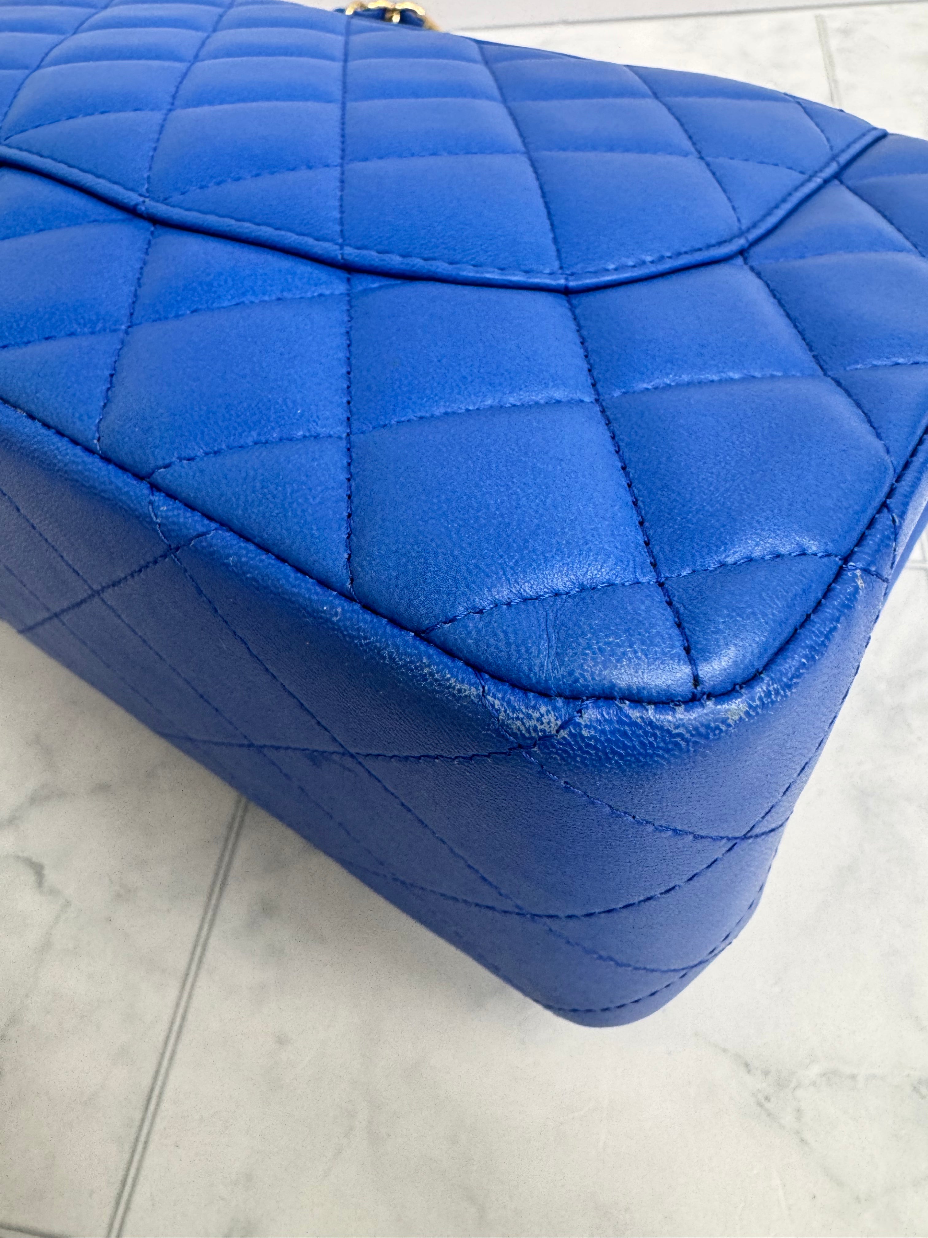 Chanel Blue Diamond Quilted Lambskin Jumbo Double Flap Bag