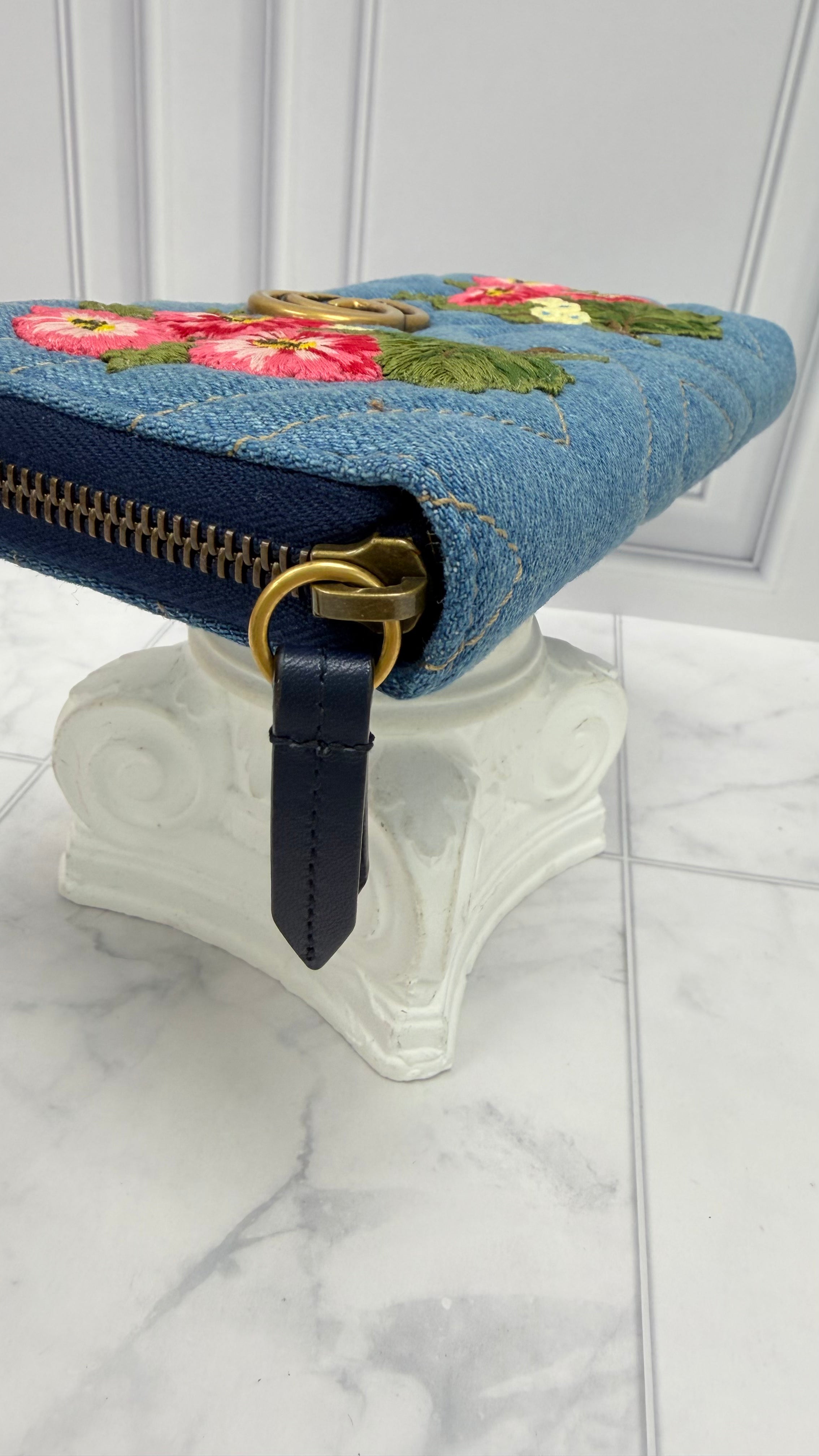 LIKE NEW- Gucci Denim Chevron Floral Embroidery Zippy Wallet