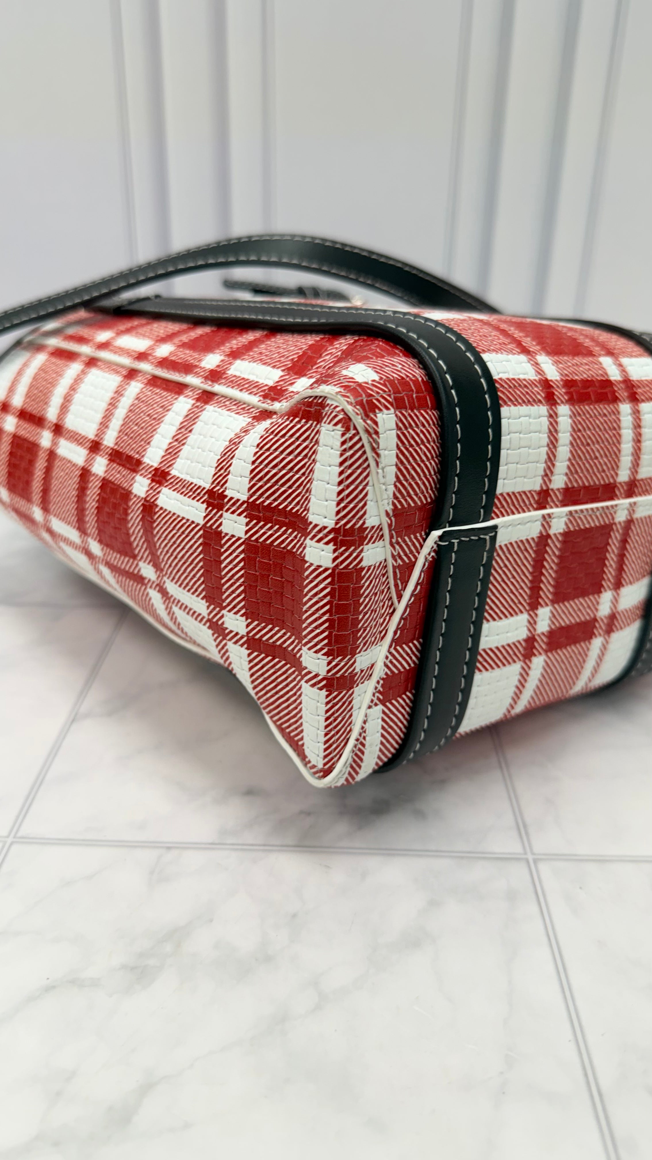 LIKE NEW- Balenciaga Red & White Plaid Leather Small Shopper Tote