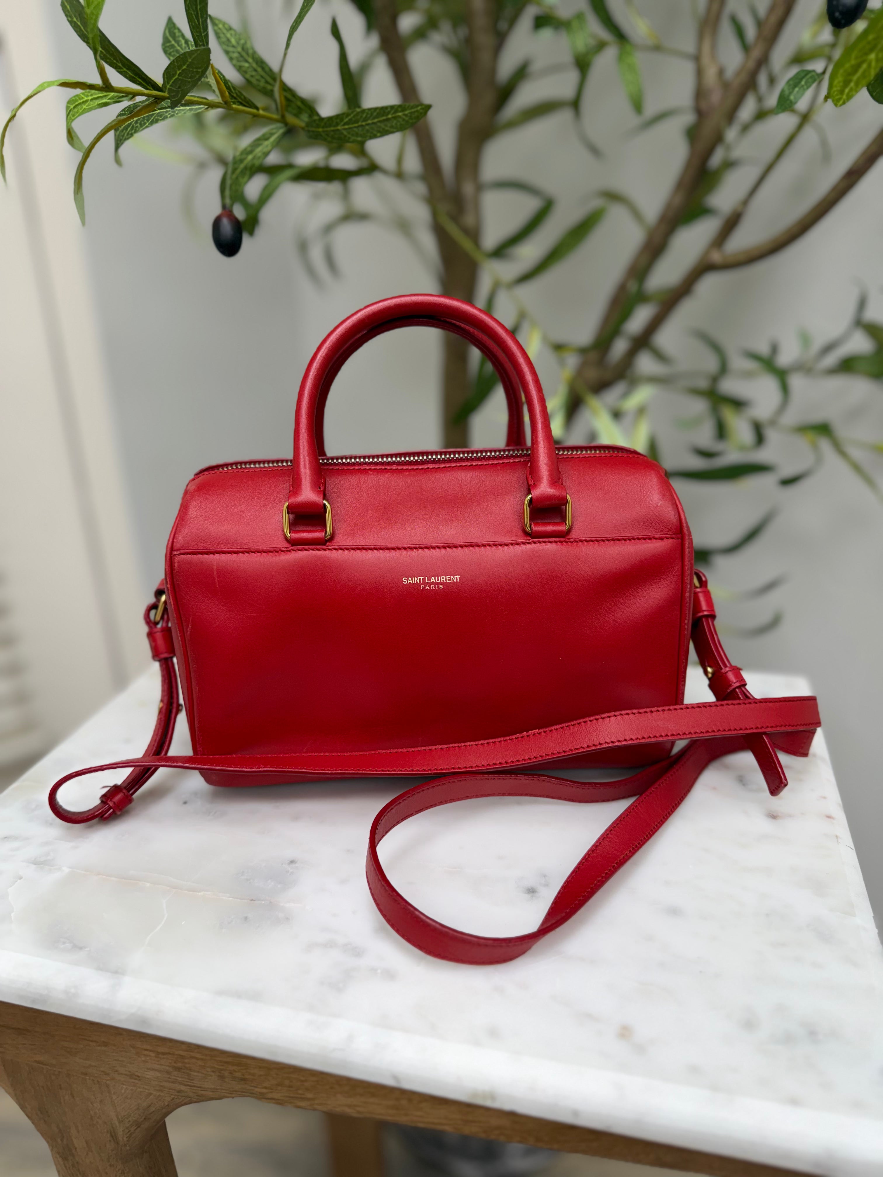Saint Laurent YSL Red Smooth Leather Baby Duffle Bag