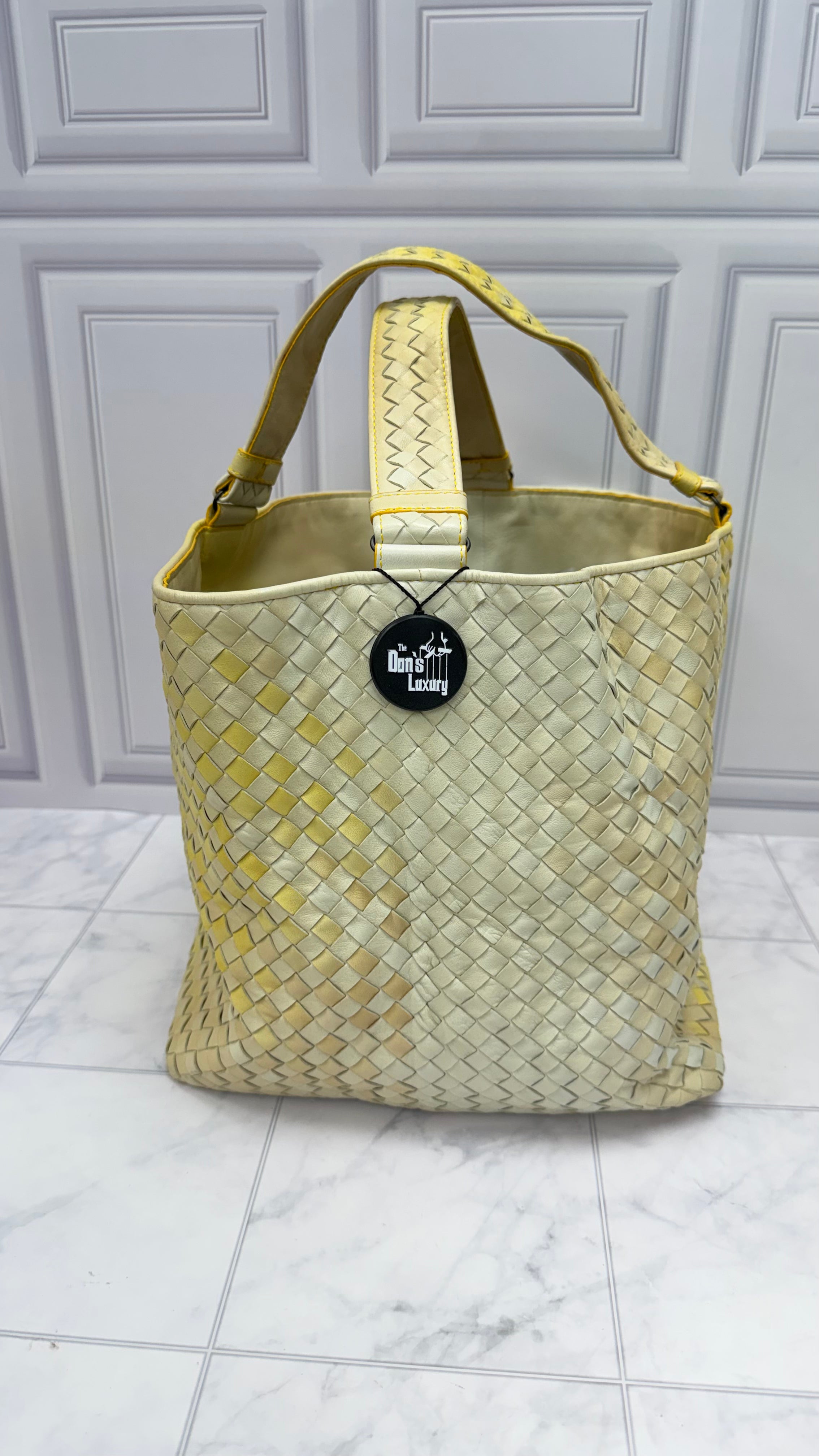 Bottega Veneta Yellow & Beige Intrecciato Leather Nuance Cross Tote