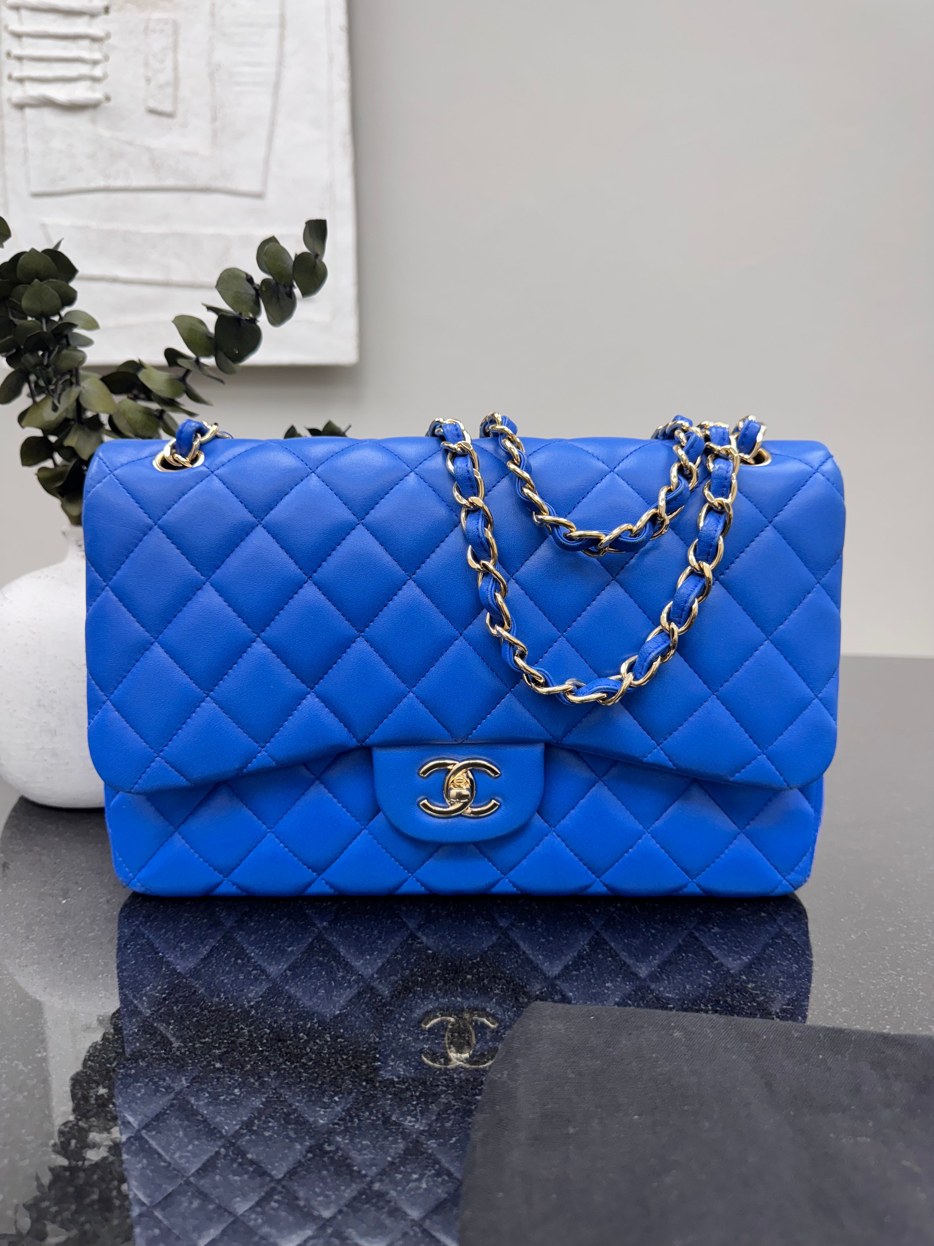 Chanel Blue Diamond Quilted Lambskin Jumbo Double Flap Bag