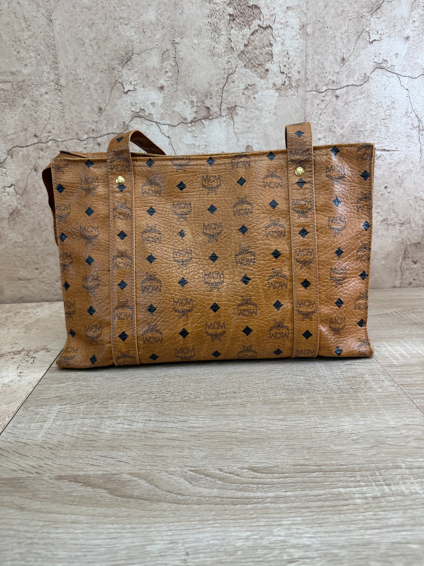MCM Cognac Leather Visetos Shopper Tote
