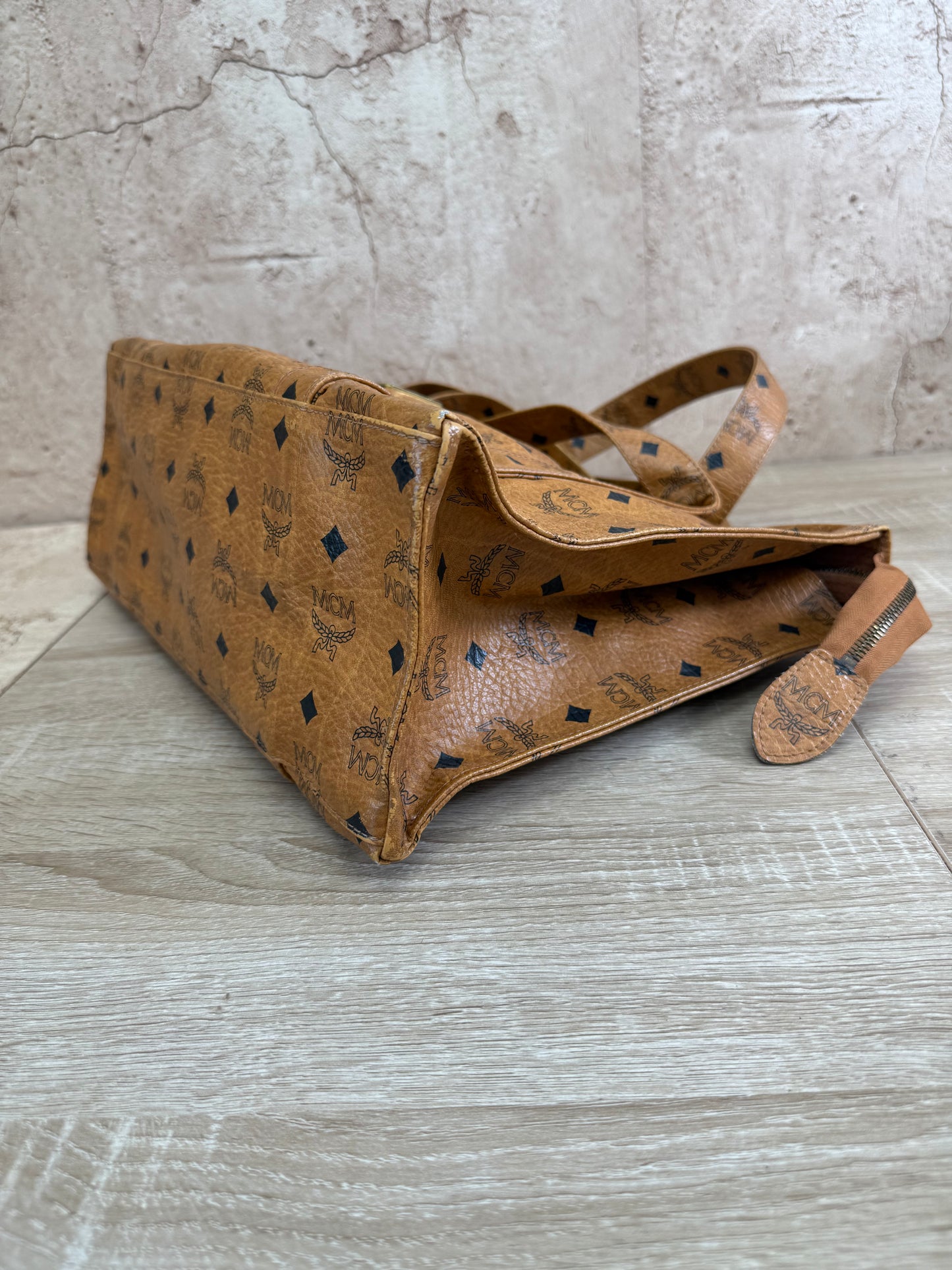 MCM Cognac Leather Visetos Shopper Tote