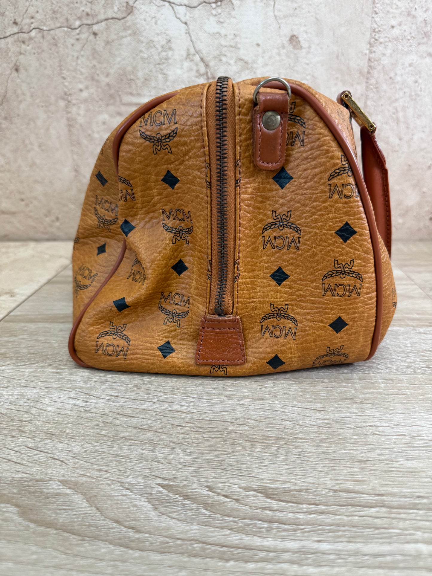 MCM Cognac Leather Visetos Boston Bag