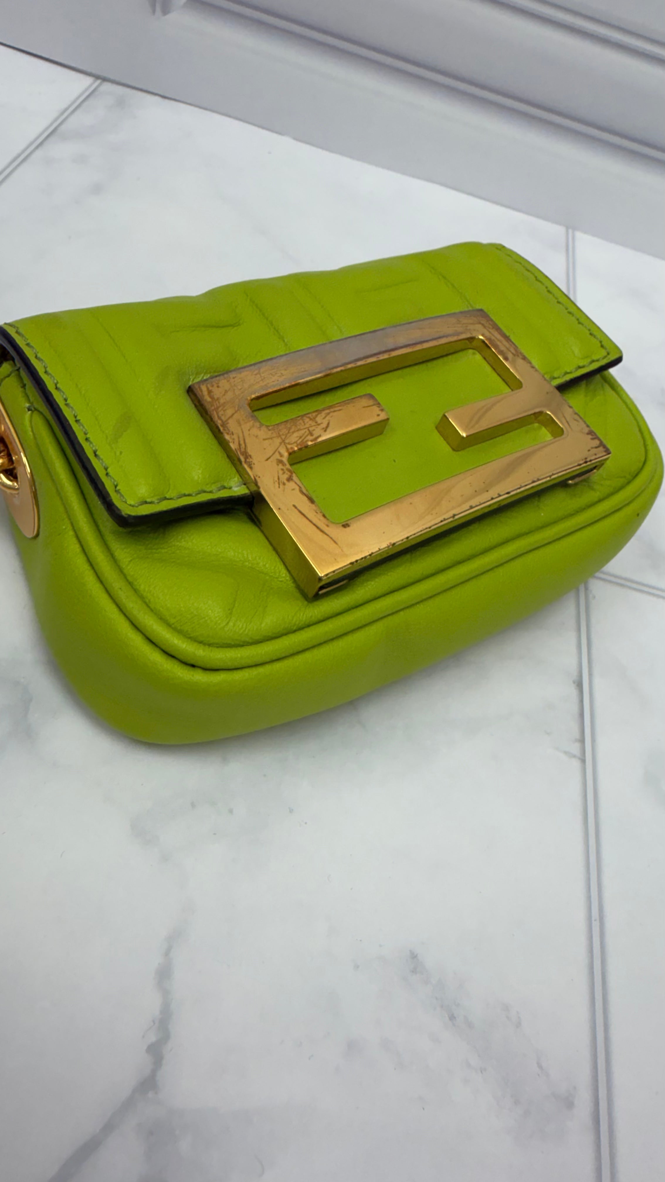 *DONS DROP* Fendi Green Embossed Zucca Nano Baguette Chain Bag