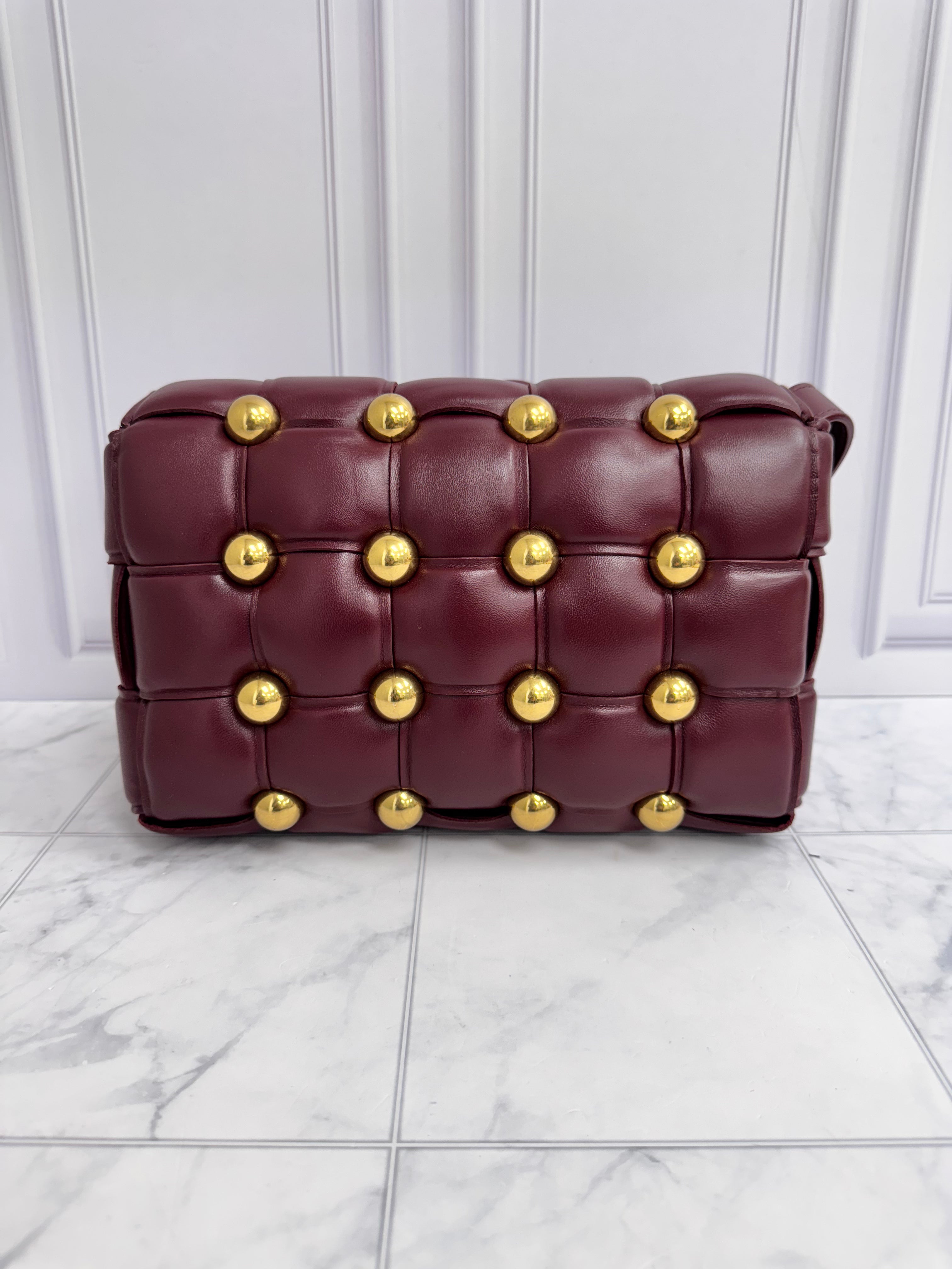 Bottega Veneta Burgundy Padded Maxi Intrecciato Leather Studded Cassette Crossbody Bag