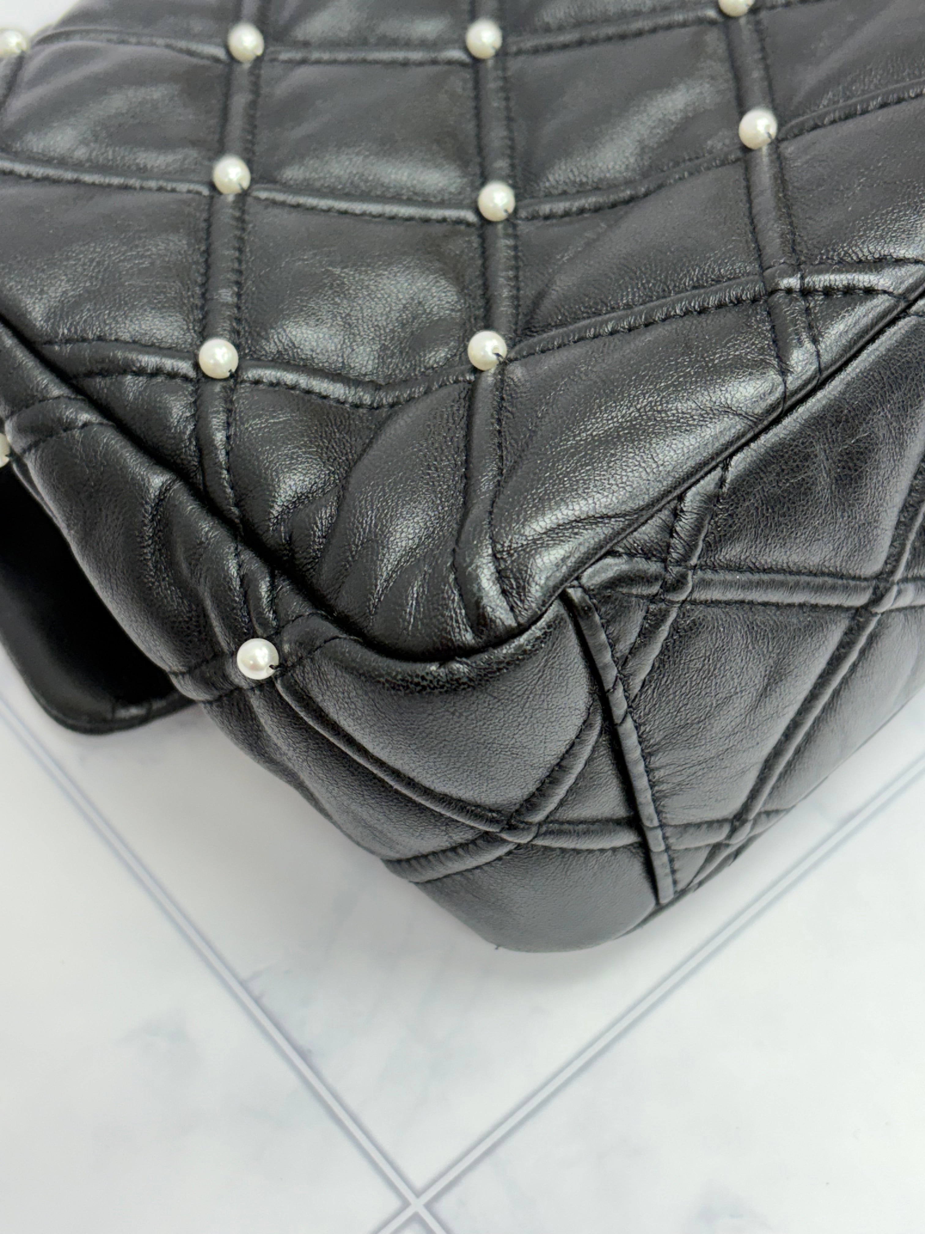 Chanel Black Quilted Lambskin Pearl Studded Flap Bag