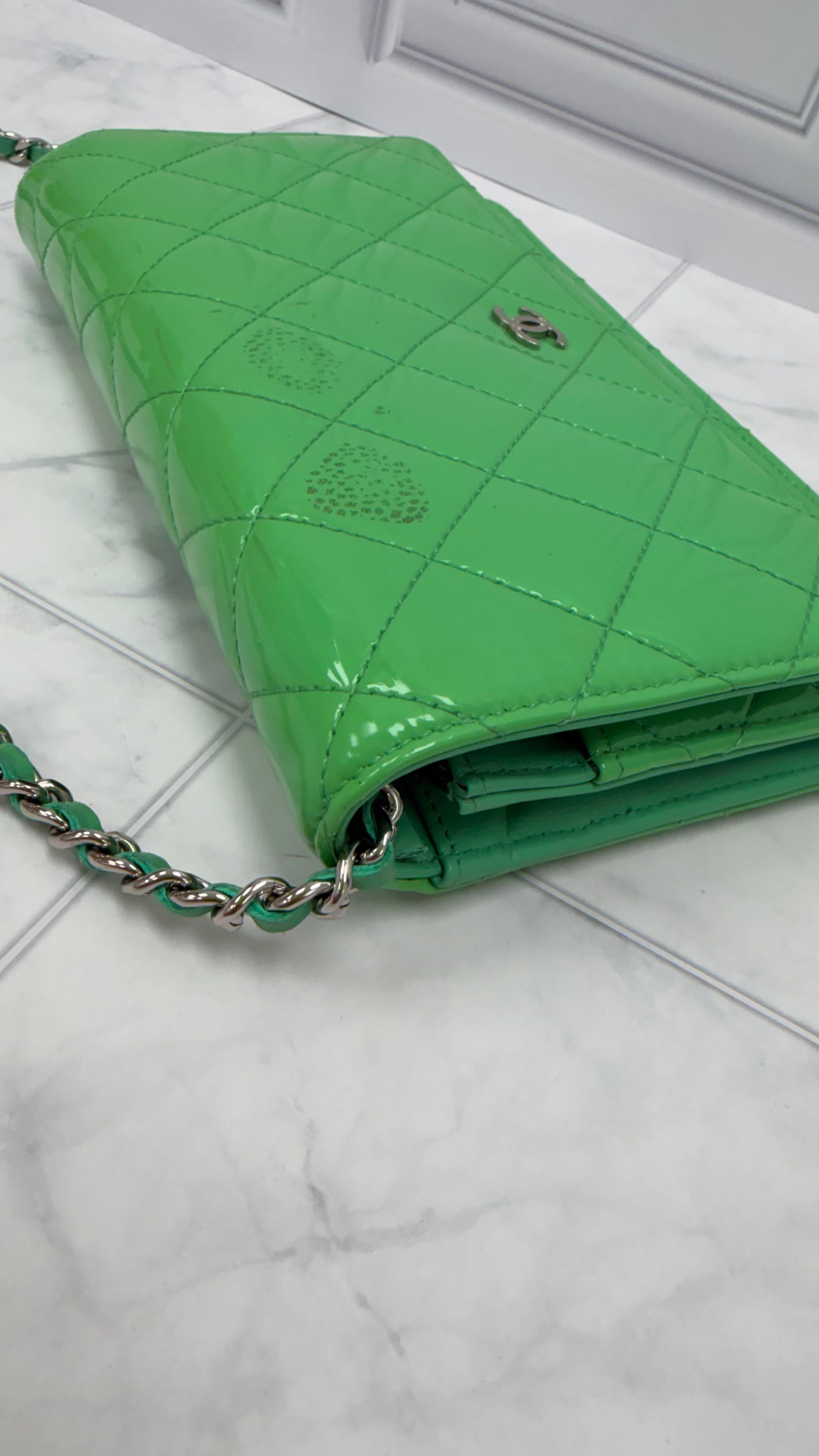 Chanel Seafoam Green Quilted Patent Leather Wallet on a Chain