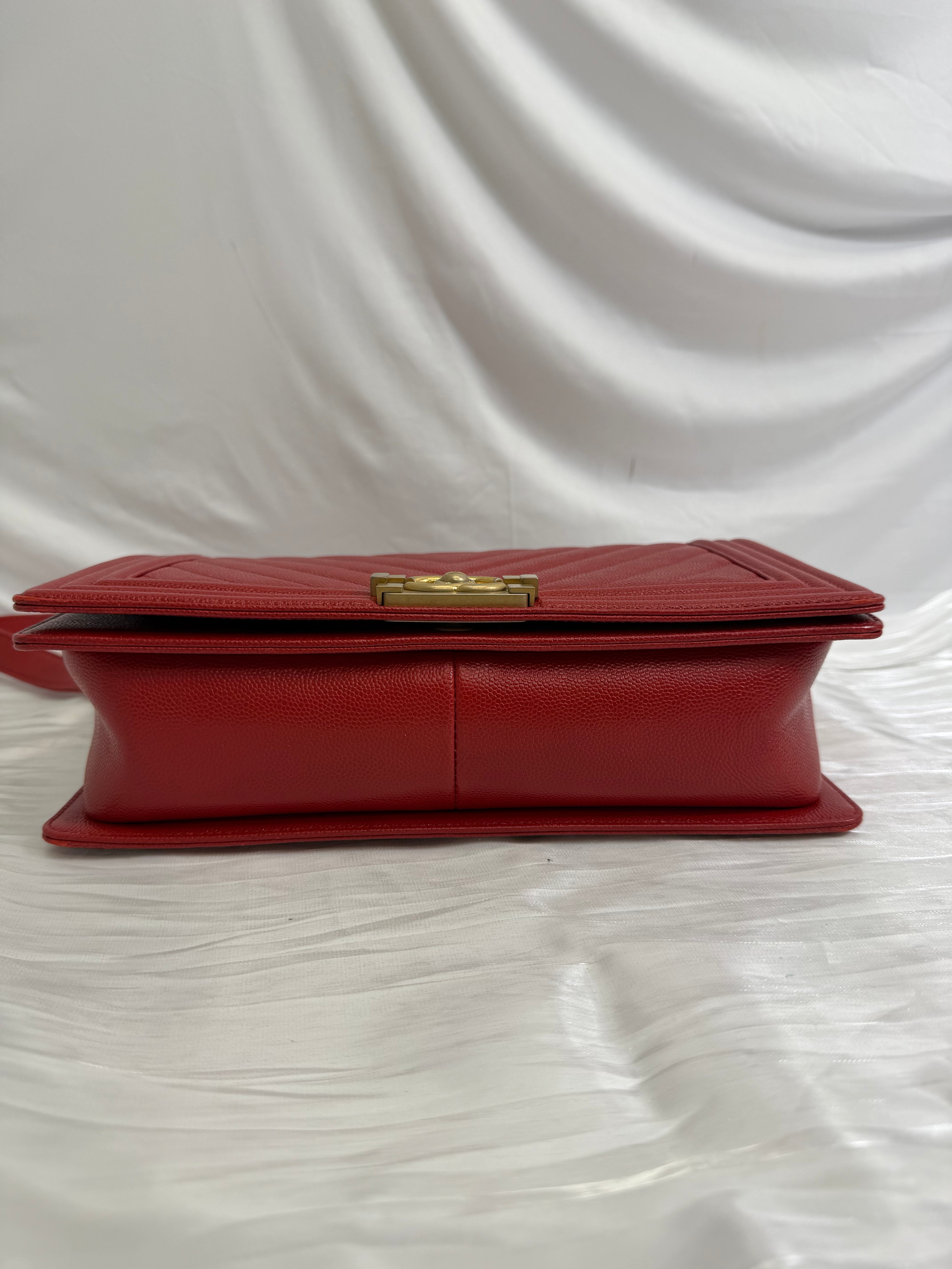 Chanel Red Chevron Quilted Caviar Medium Boy Bag