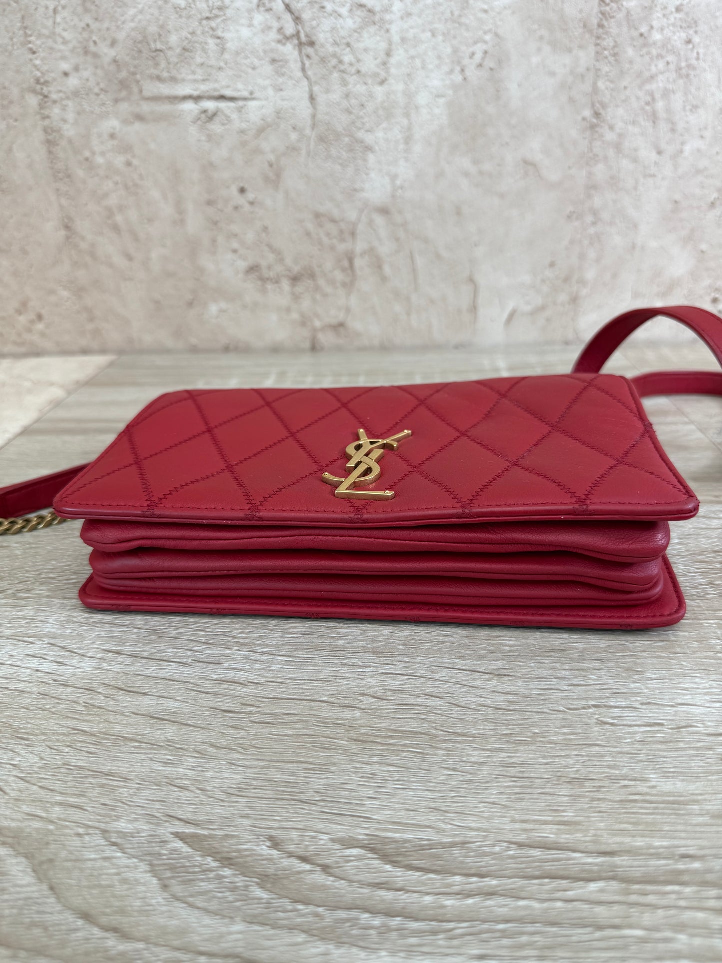 Saint Laurent YSL Red Quilted Leather Angie Chain Crossbody Bag