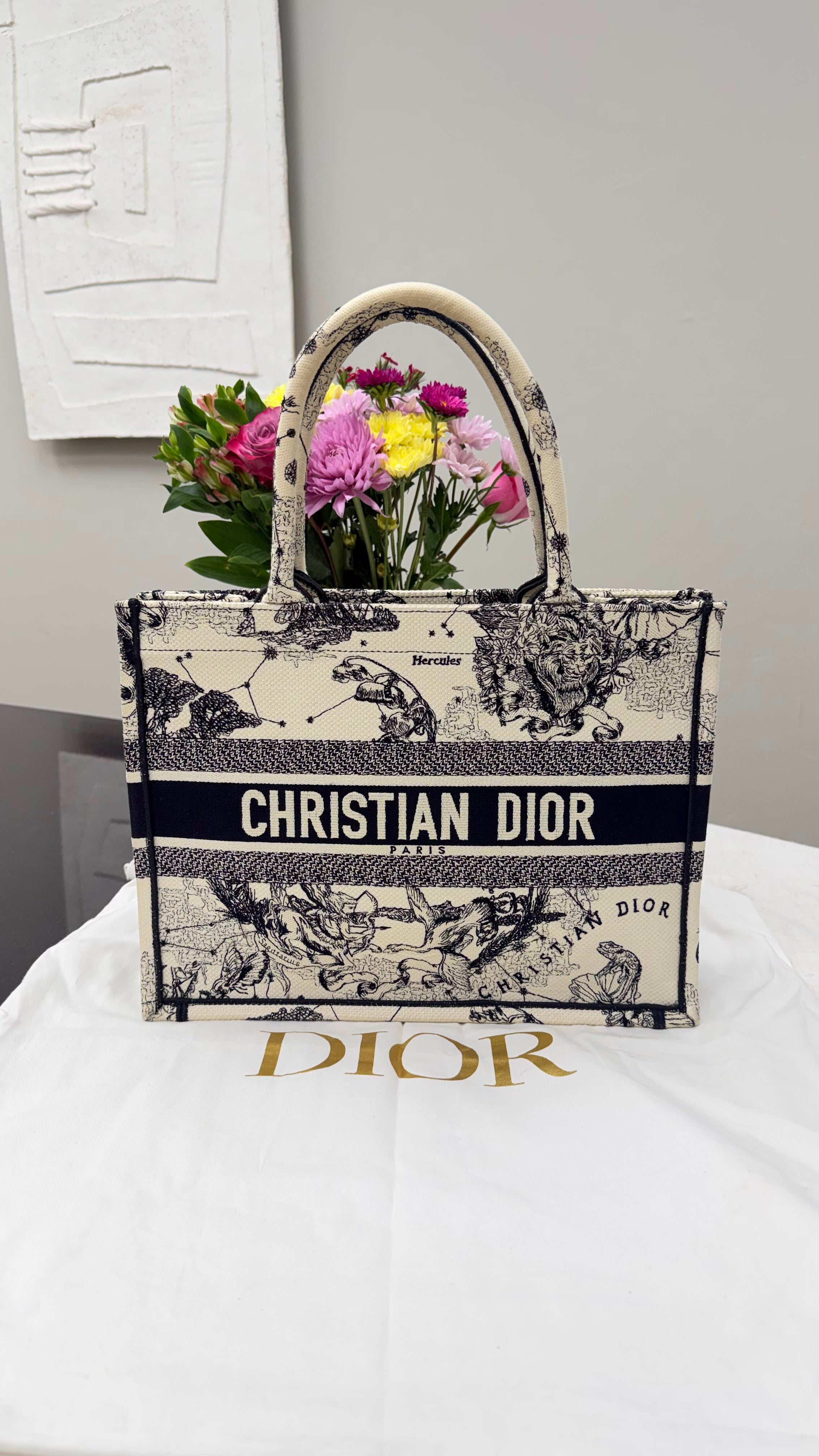*DONS DROP* Christian Dior White & Black Toile de Joy Zodiac Print Medium Book Tote