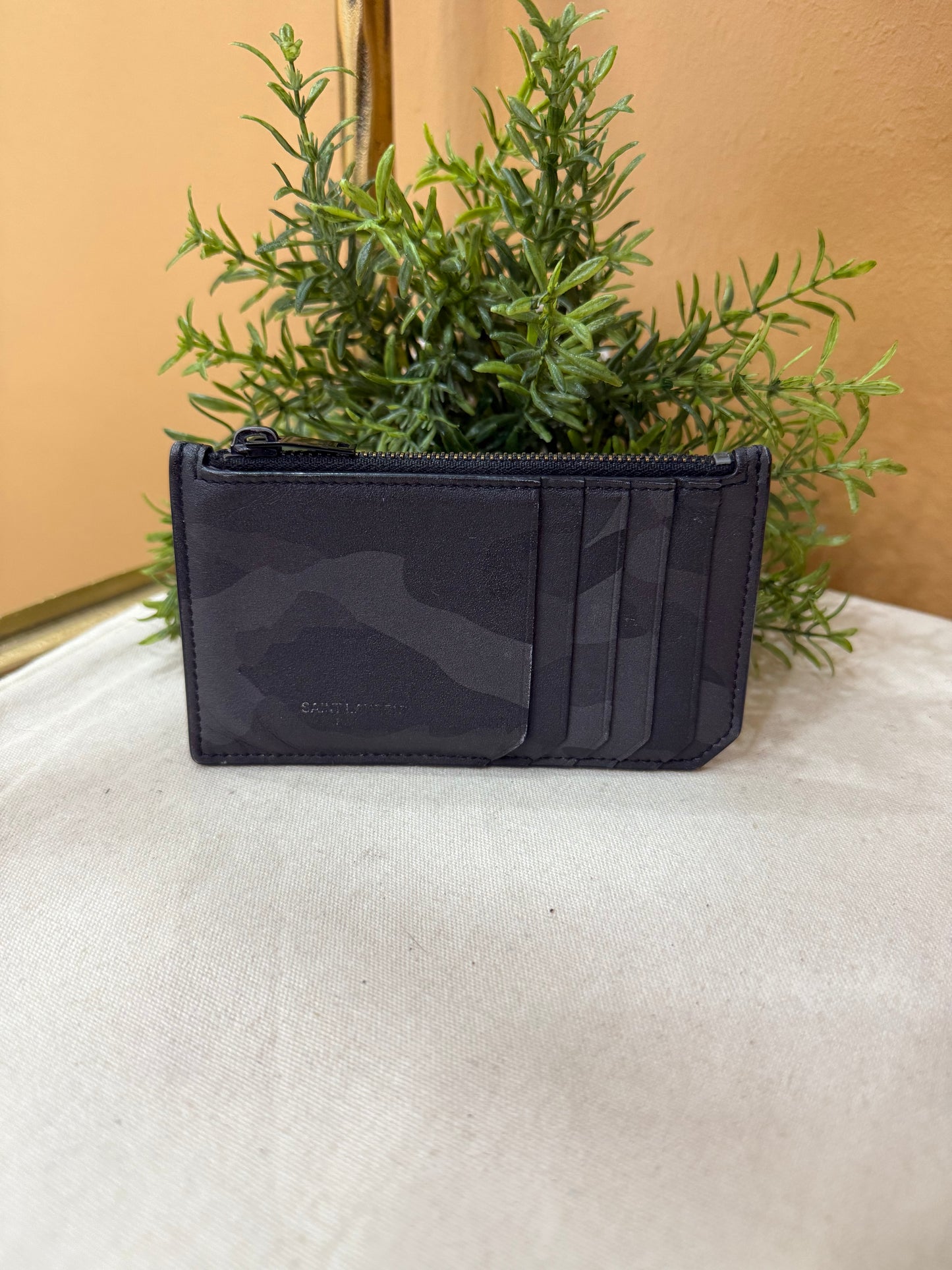 Saint Laurent YSL Black & Gray Camouflage Leather Zip Pouch Card Holder