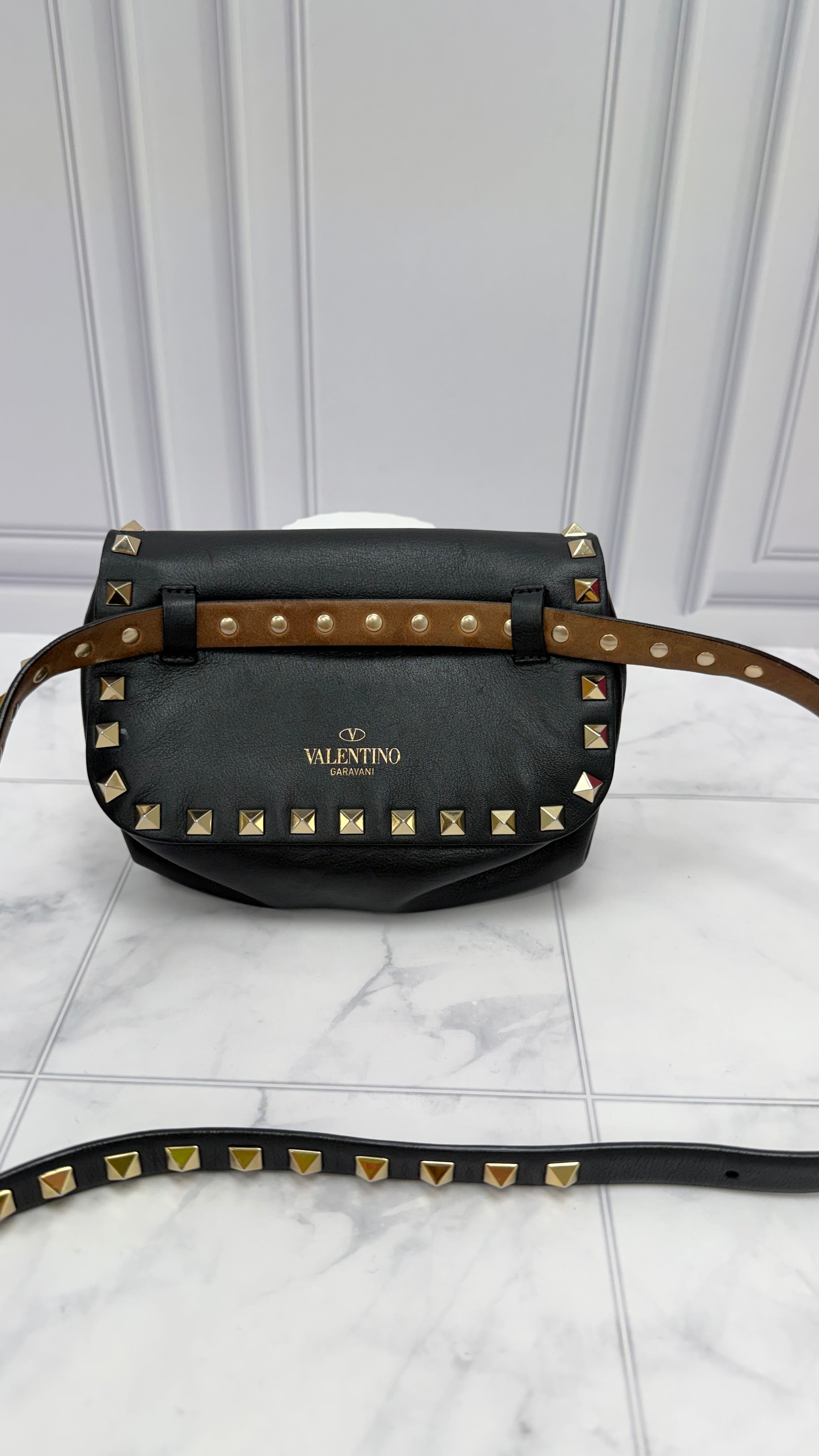 Valentino Black Leather Rockstud Belt Bag