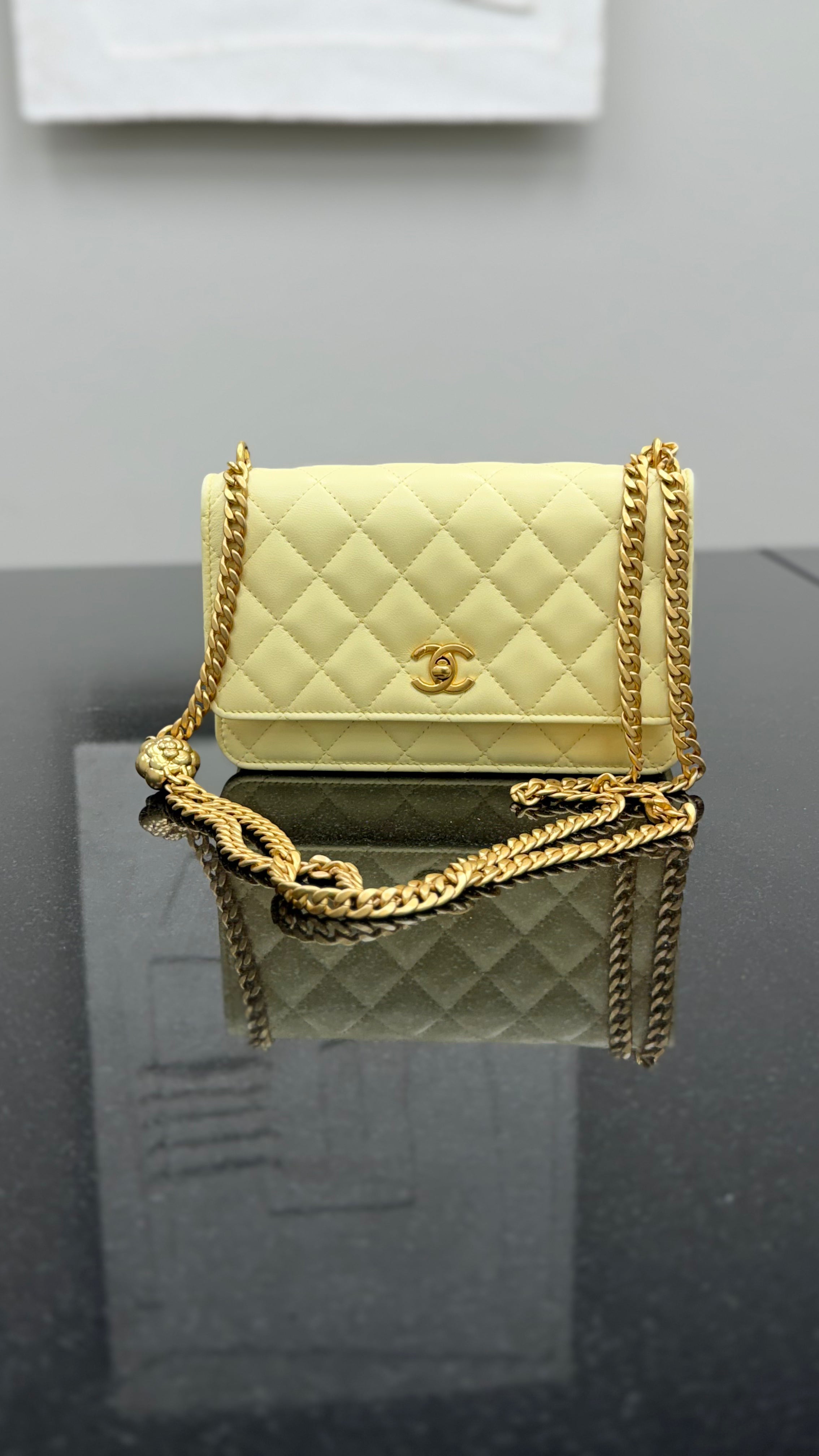 Chanel Butter Yellow Camellia Chain Wallet