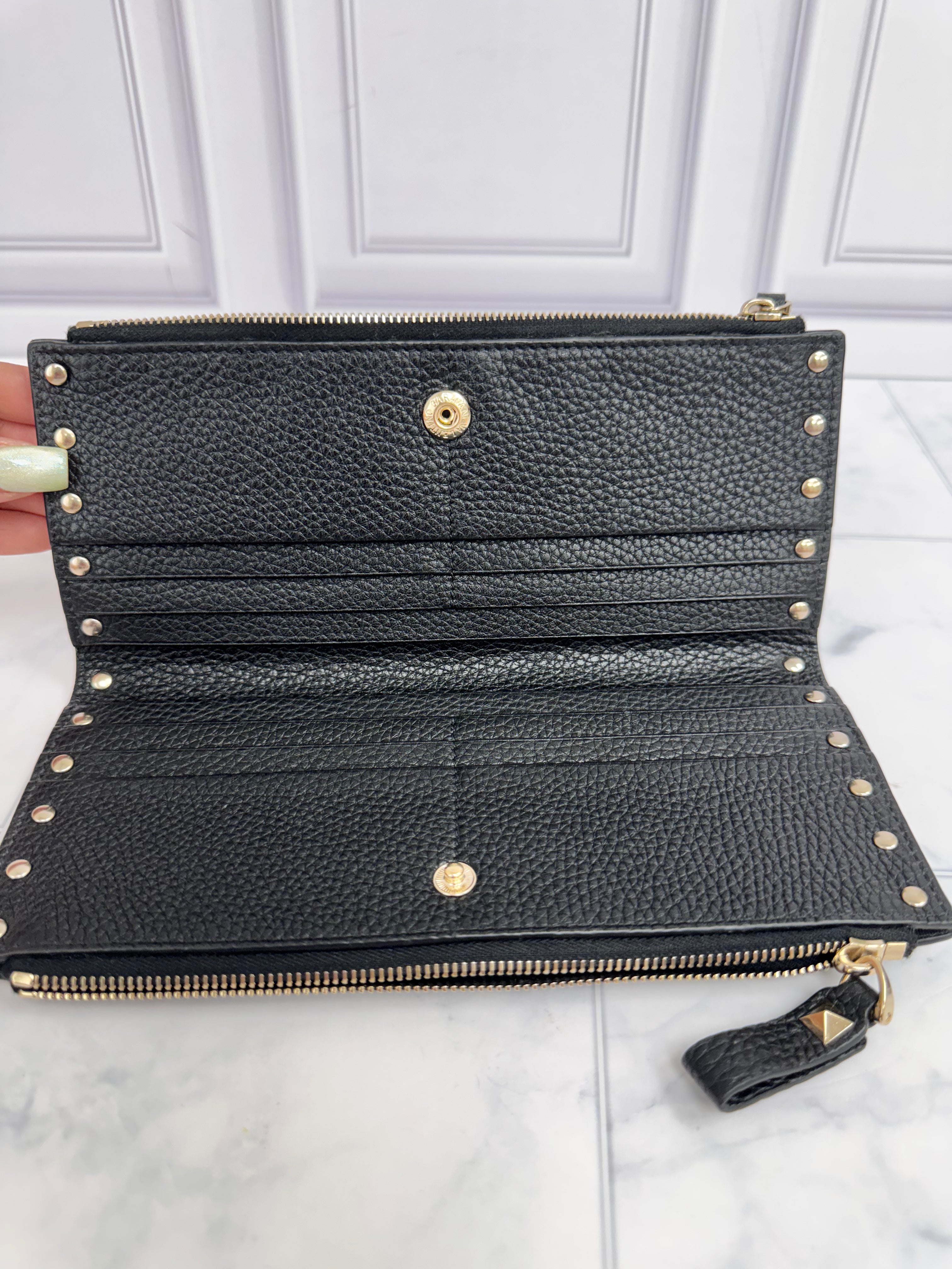 Valentino Black Pebbled Leather Rockstud Double Zip Wallet