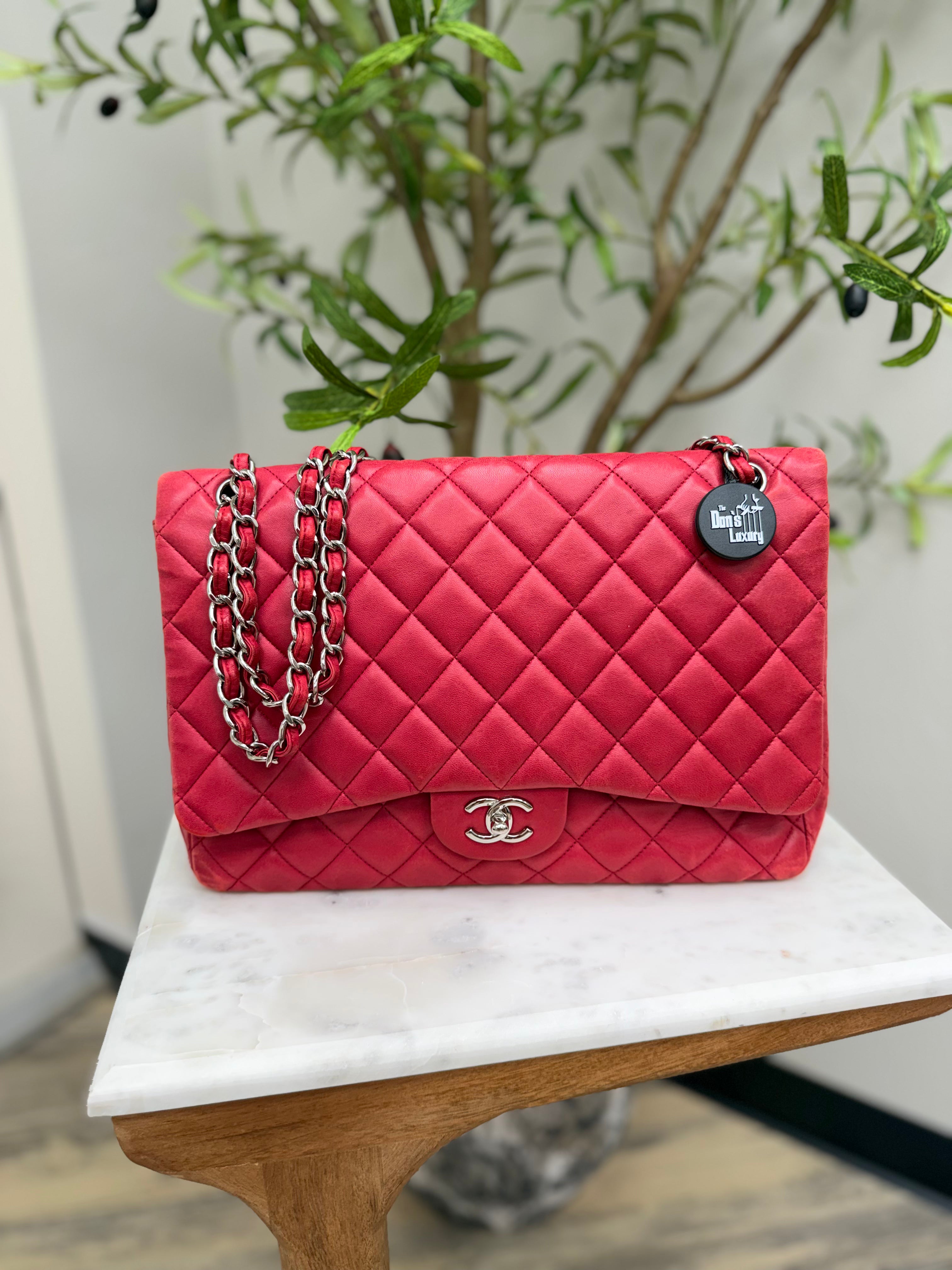 Chanel Red Quilted Lambskin Classic Maxi Single Flap