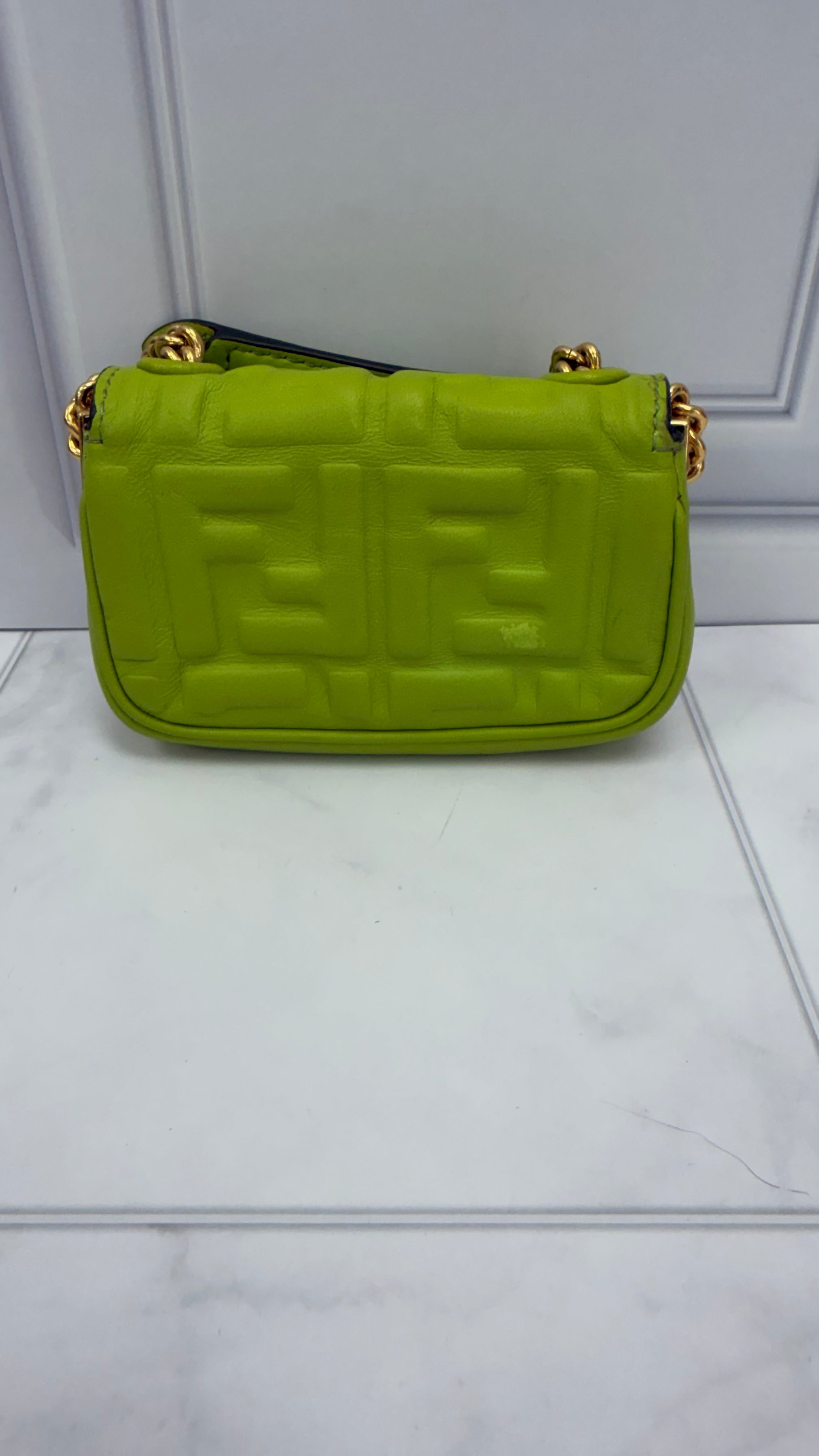 *DONS DROP* Fendi Green Embossed Zucca Nano Baguette Chain Bag