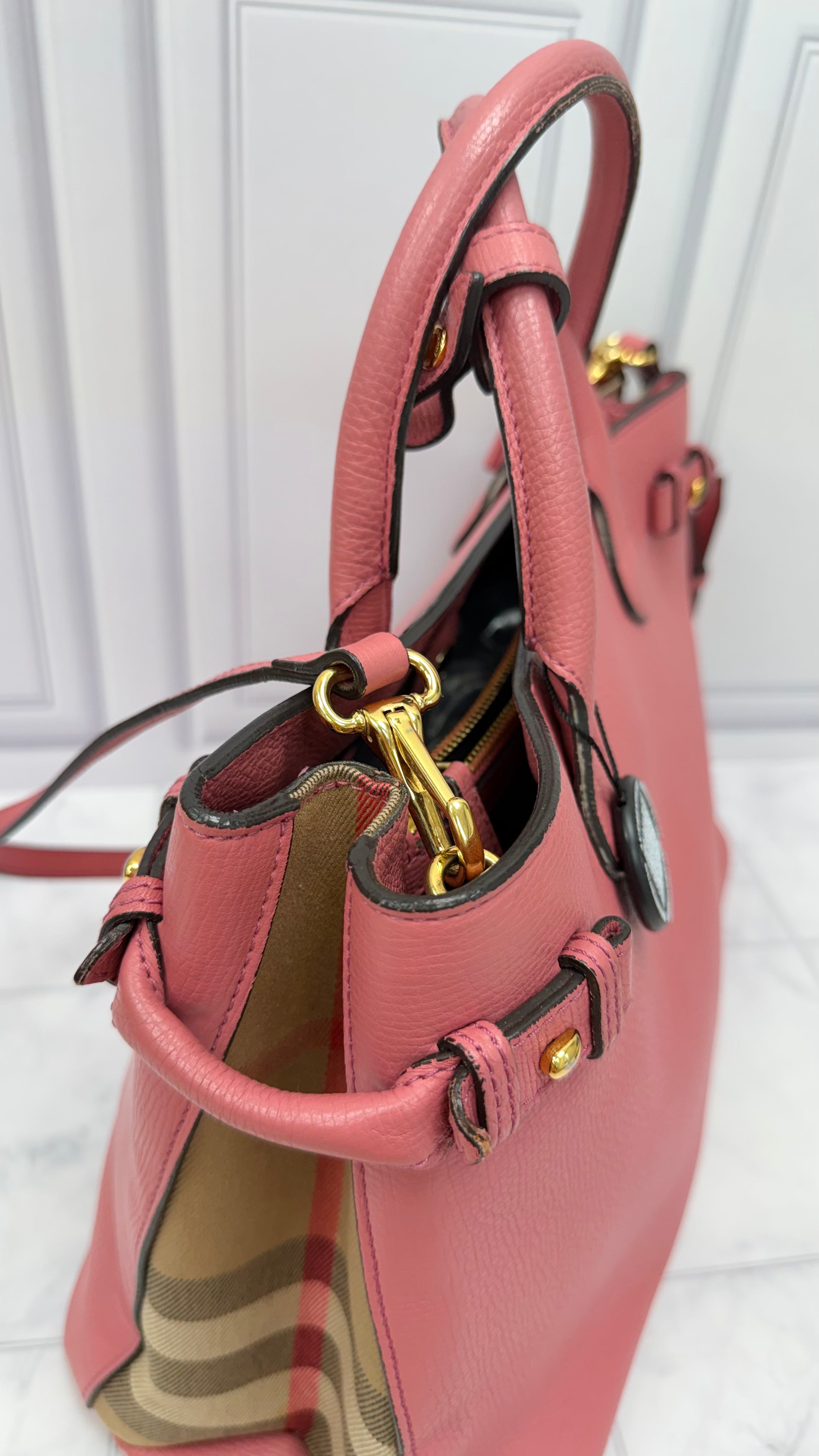 Burberry Pink Leather Nova Check Banner Tote