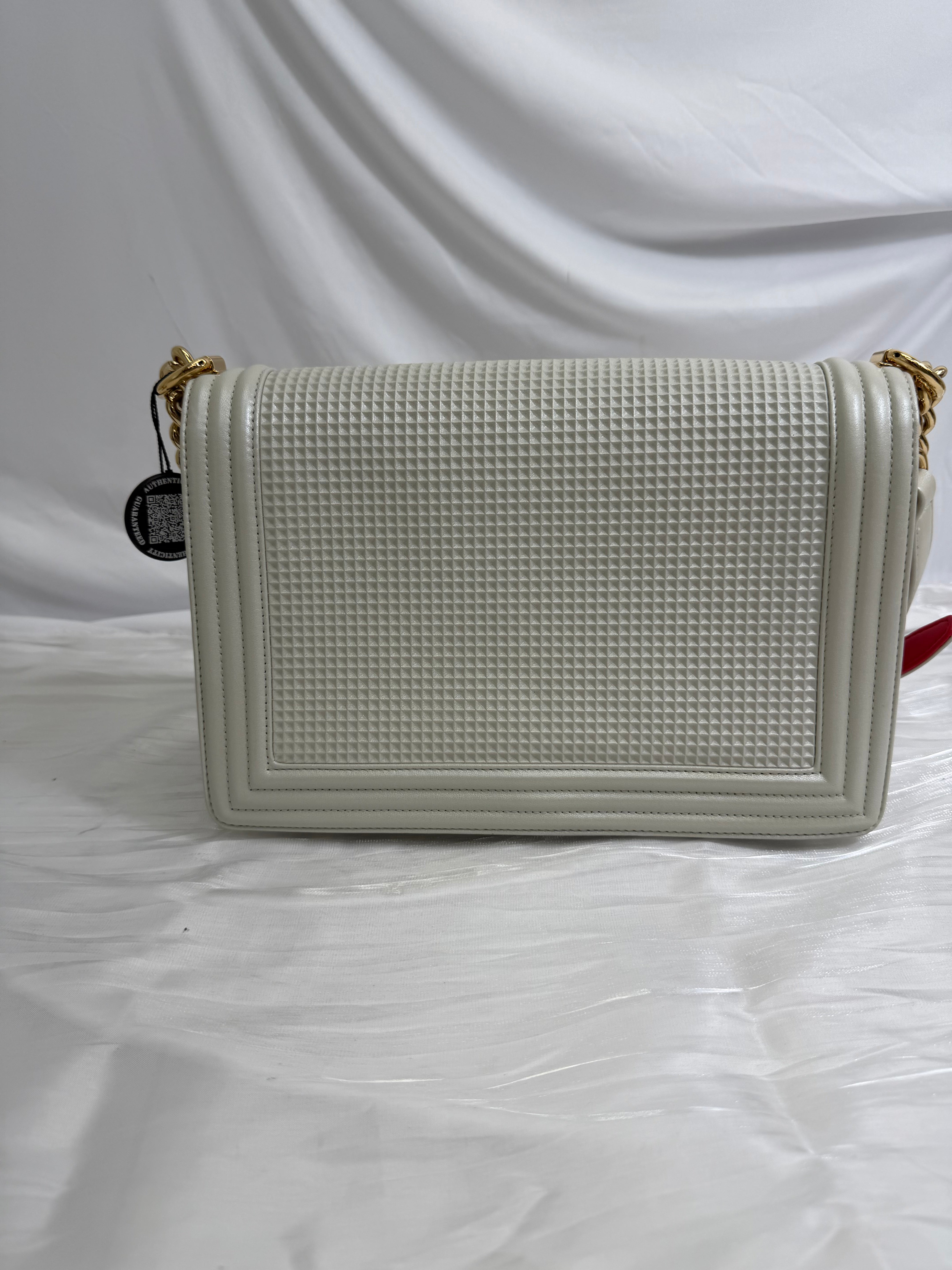 Chanel White Calfskin Cube Embossed Medium Boy Bag