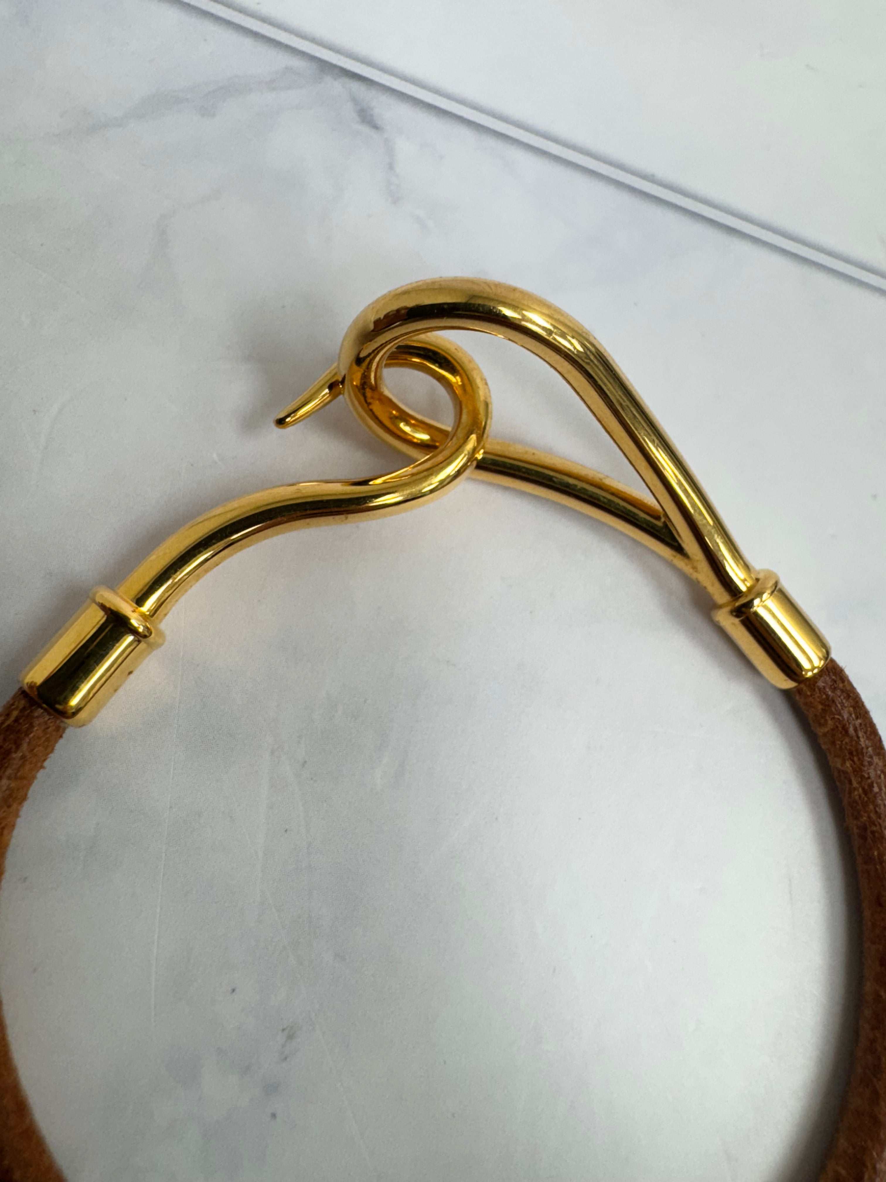 Hermes Gold Tone And Leather Jumbo Hook Bracelet