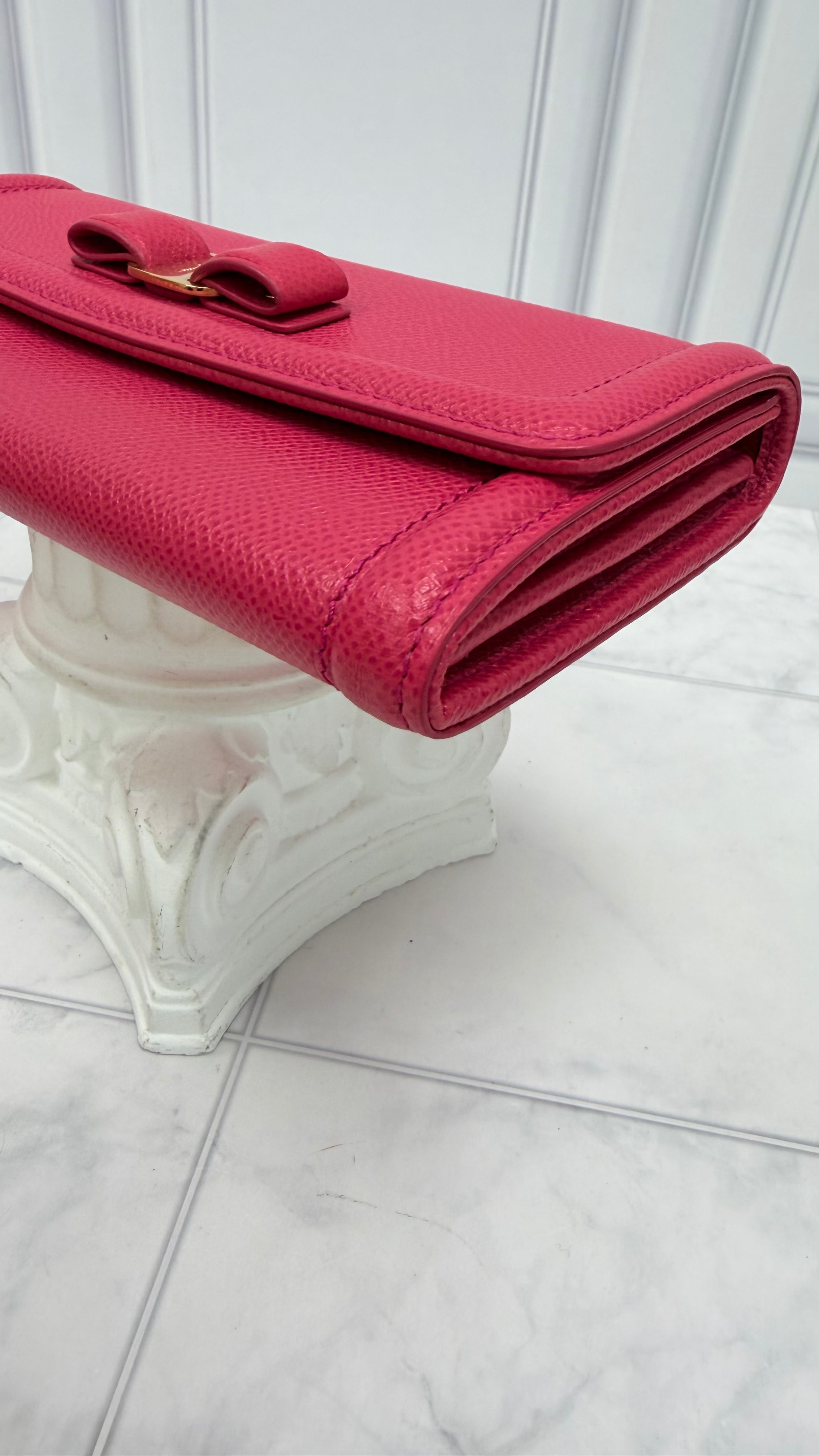Salvatore Ferragamo Pink Pebbled Leather Bow Long Wallet w/ Card Holder