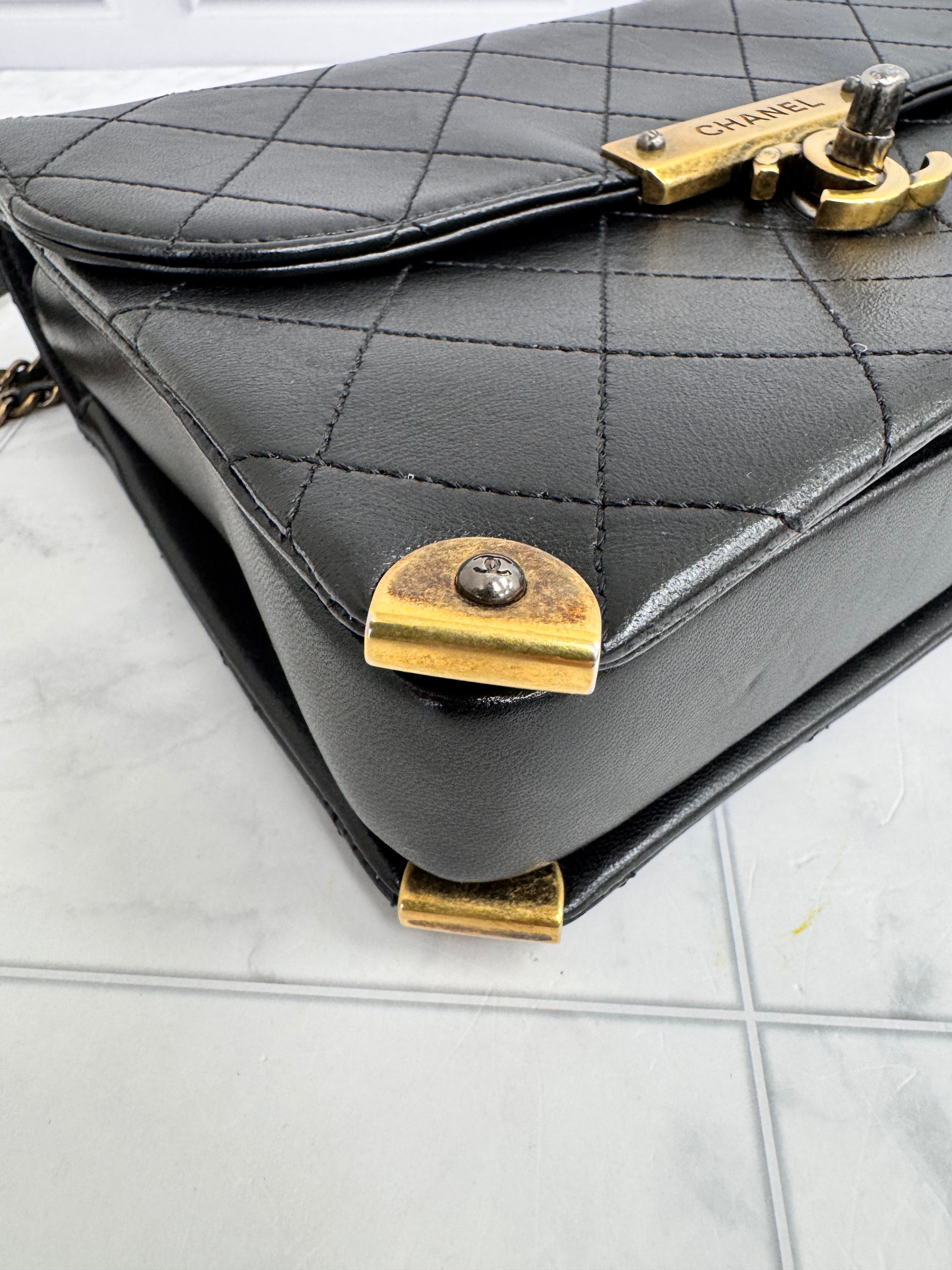Chanel Black Diamond Quilted Leather Around The Corner Flap Bag