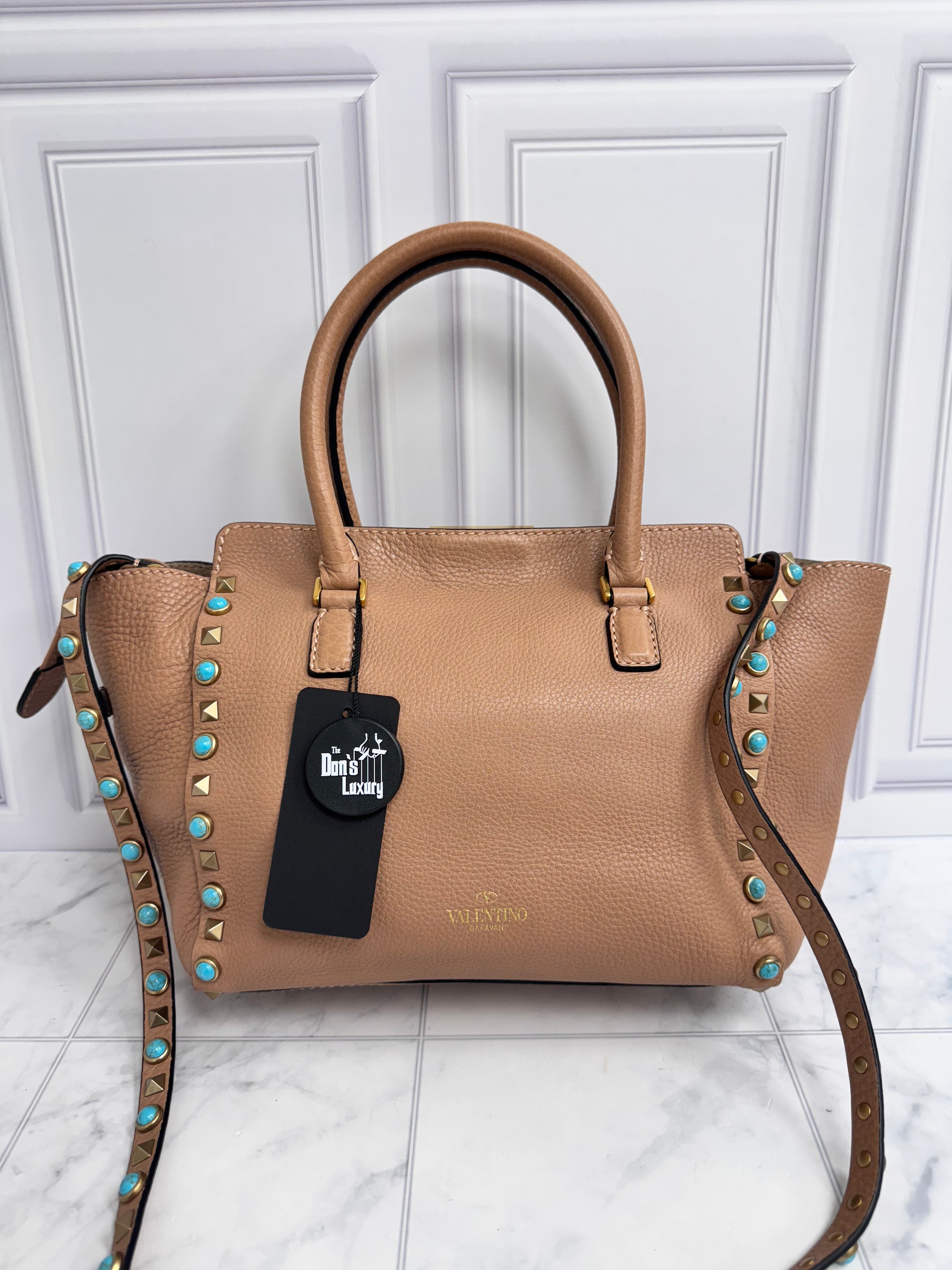 Valentino Dusty Rose Grained Leather Rockstud Rolling Tote Bag