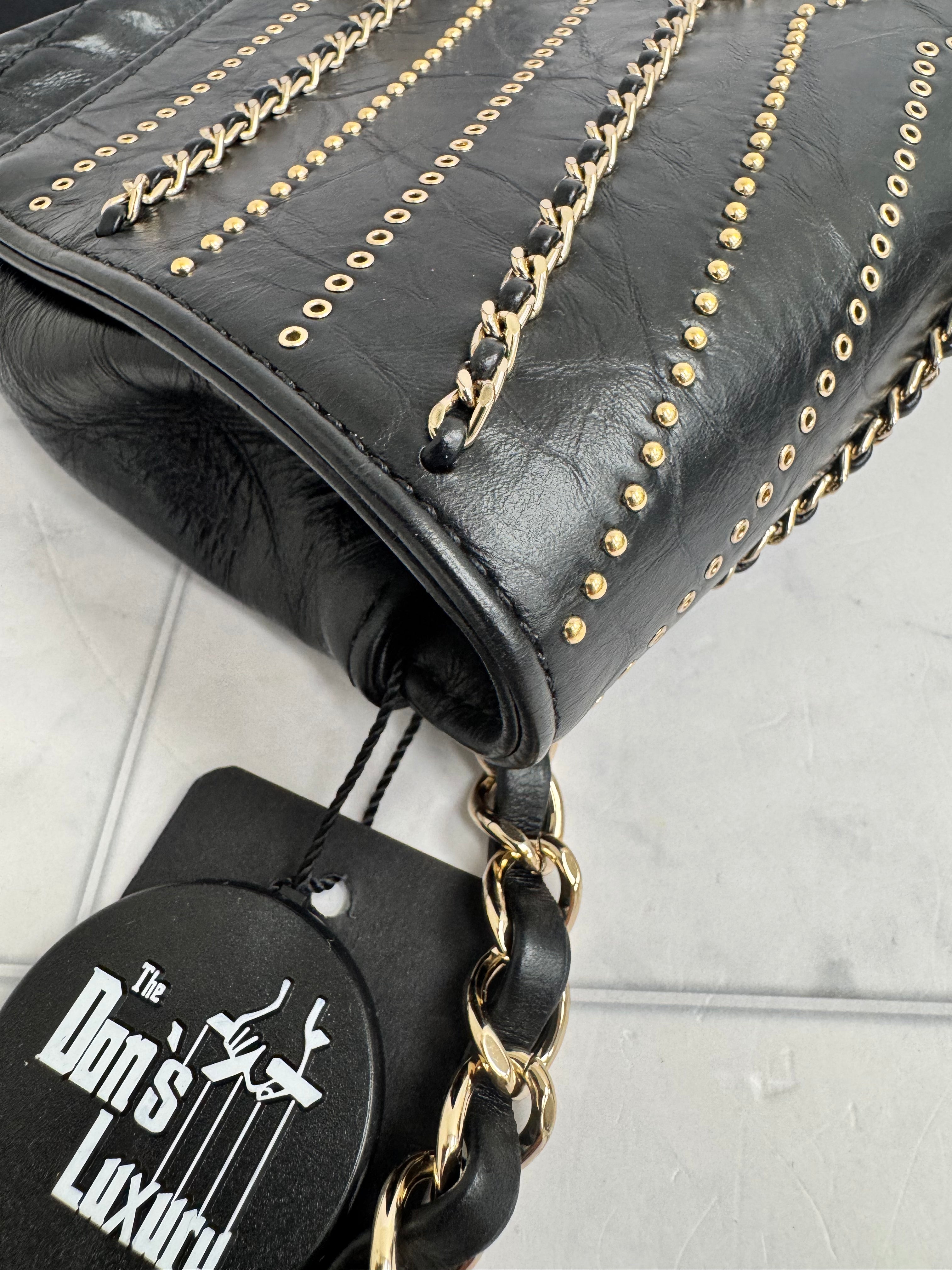 Chanel Black Chevron Studded Quilted Leather Chain Flap Crossbody Bag
