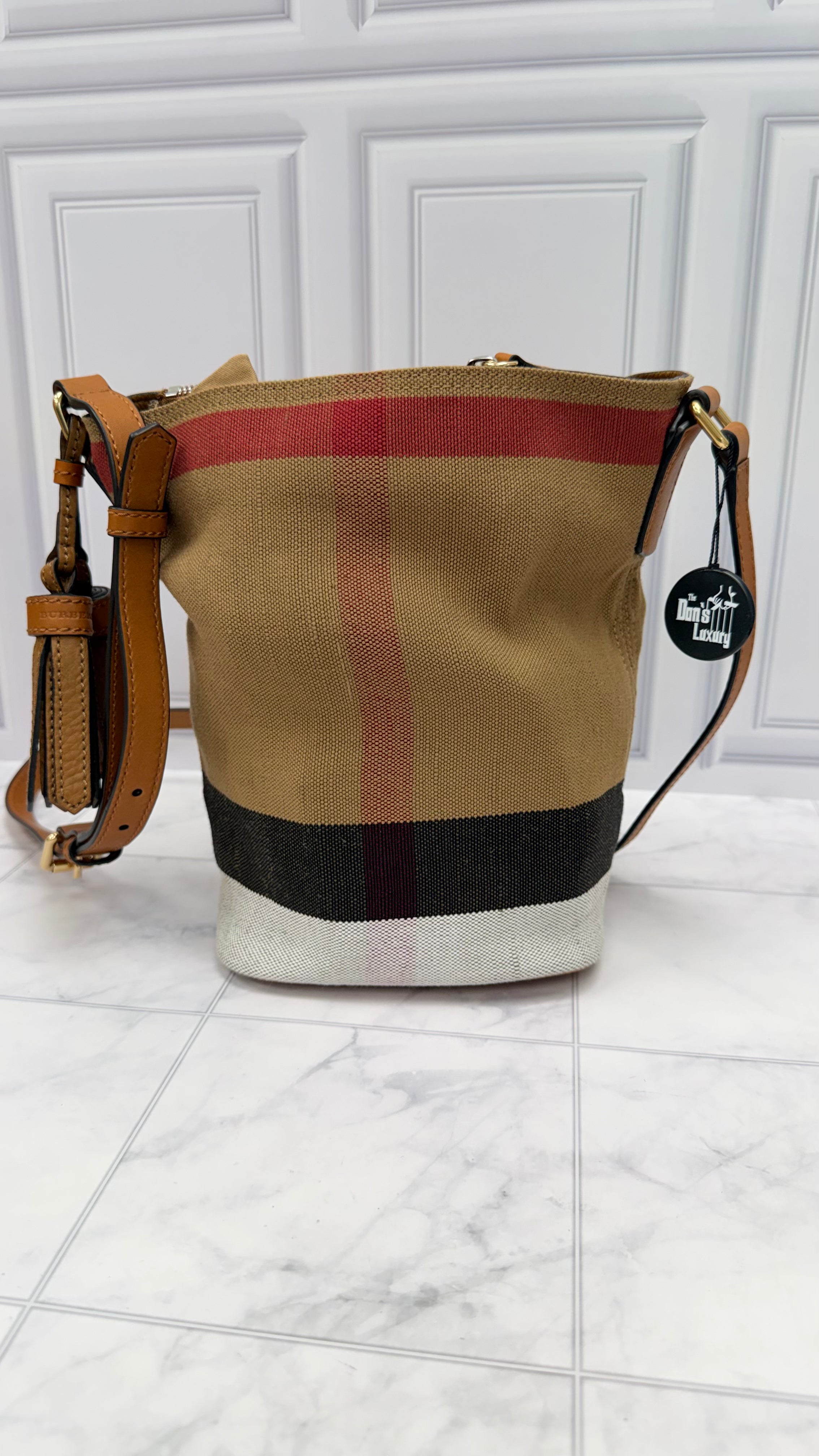Burberry Beige Mega Check Canvas Bucket Bag & Pouch