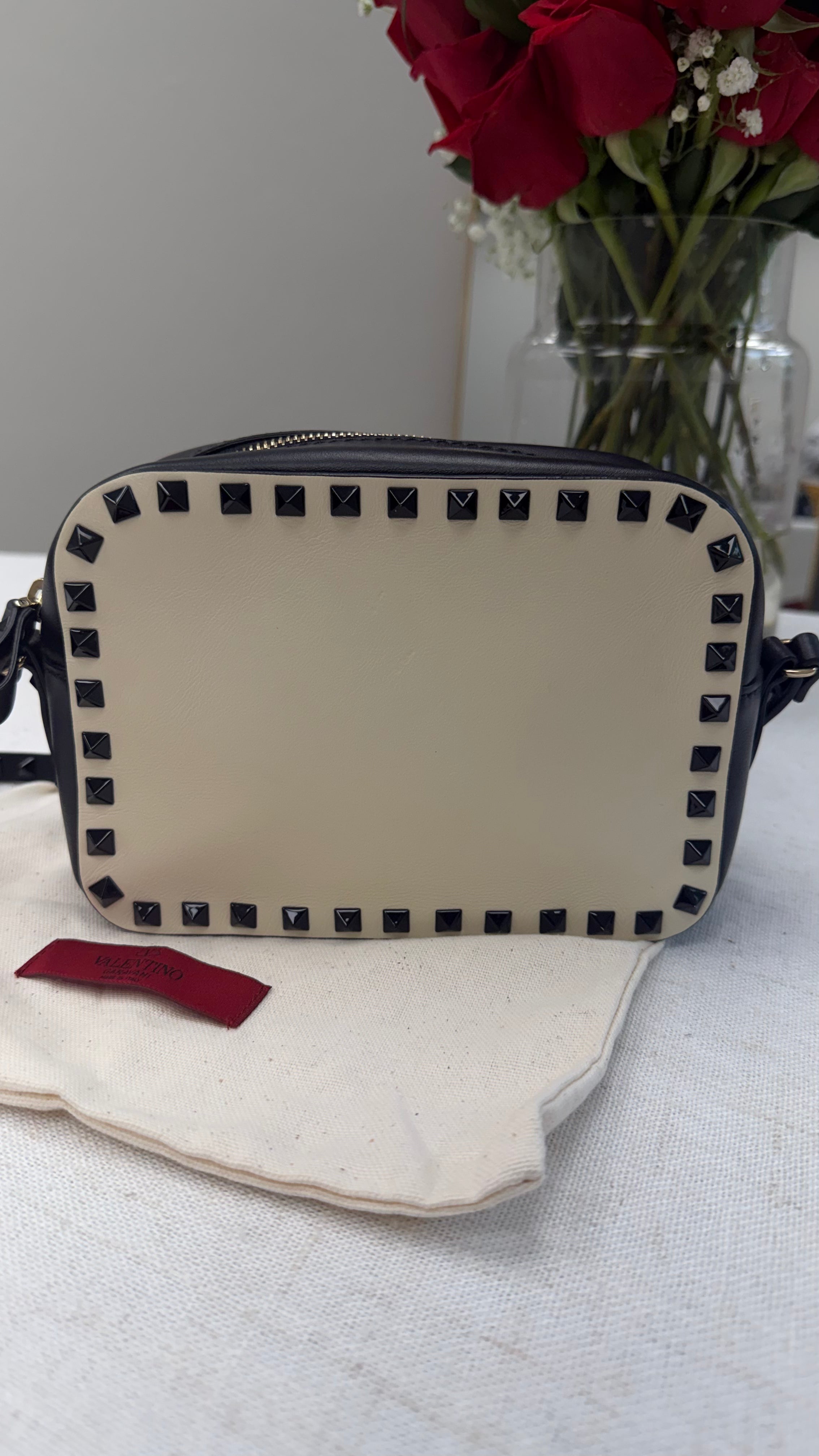 Valentino Off White & Black Leather Rockstud Camera Bag